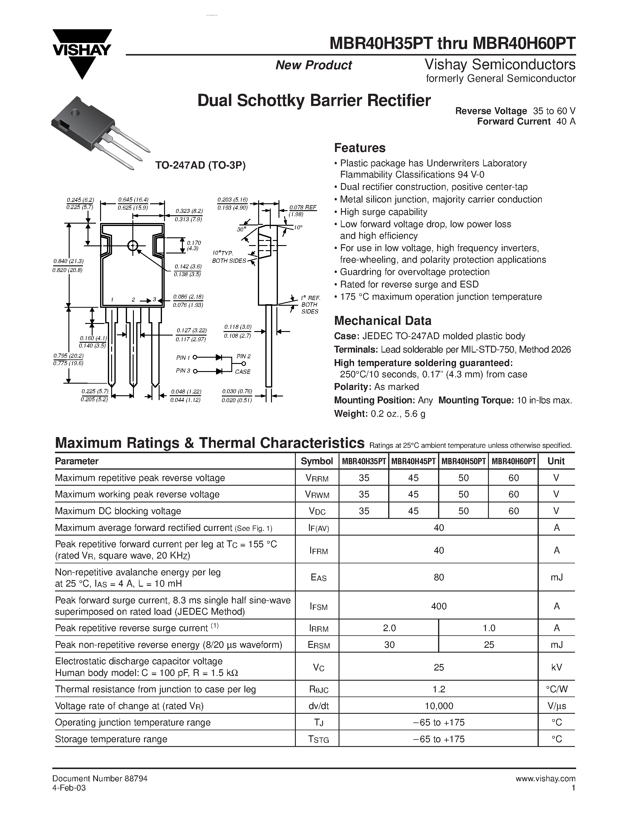 Даташит MBR40H35PT - (MBR40H35PT - MBR40H60PT) Dual Schottky Barrier Rectifier страница 1