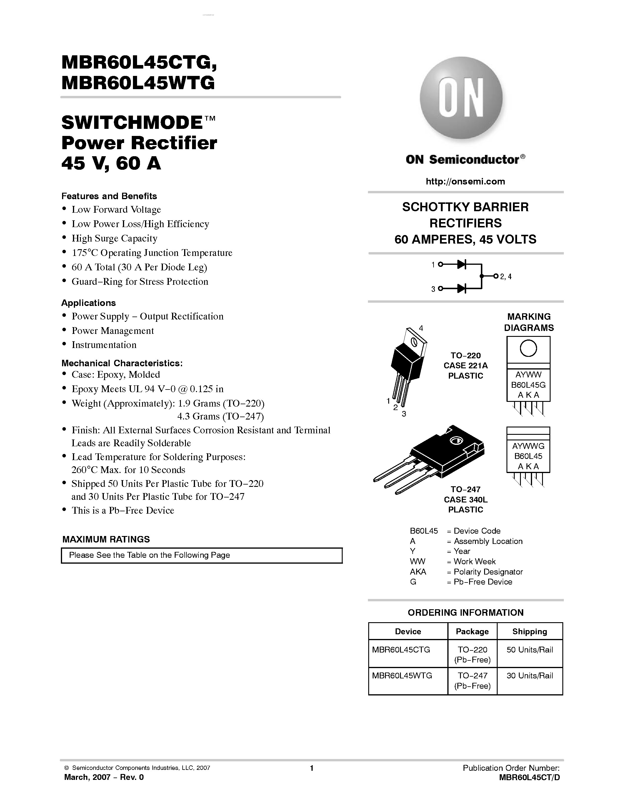 Даташит MBR60L45CTG - (MBR60L45CTG / MBR60L45WTG) SWITCHMODE Power Rectifier страница 1