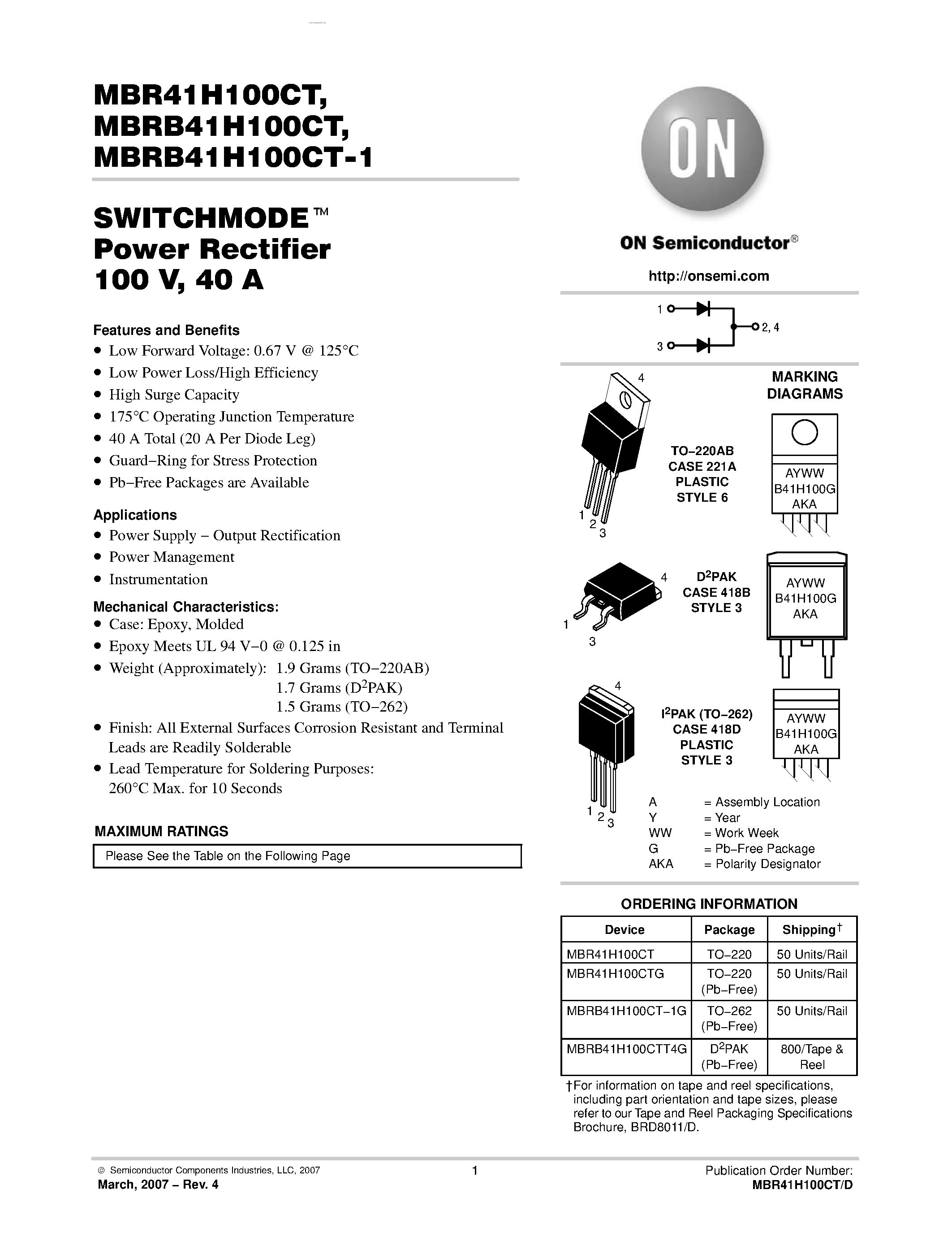 Даташит MBRB41H100CT - SWITCHMODE Power Rectifier страница 1