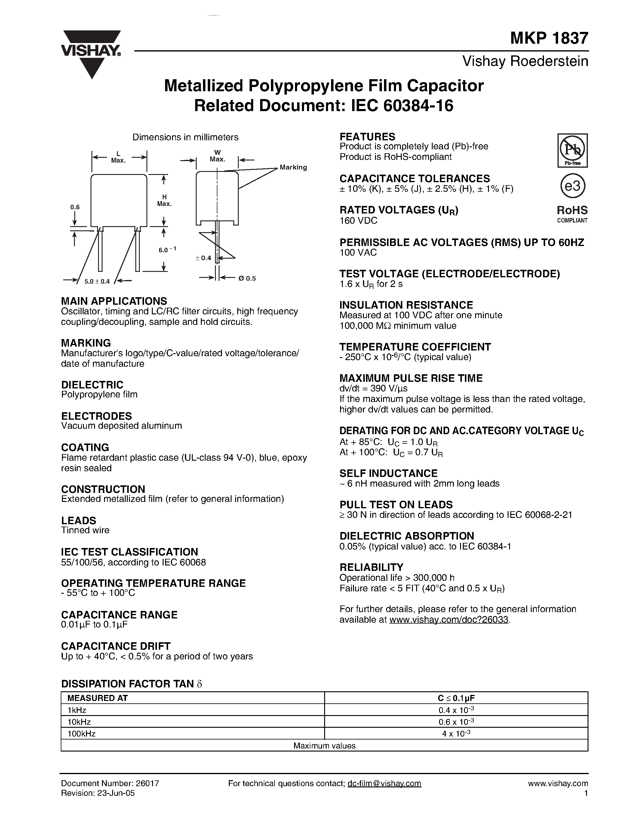 Datasheet MKP1837 - Metallized Polypropylene Film Capacitor page 1
