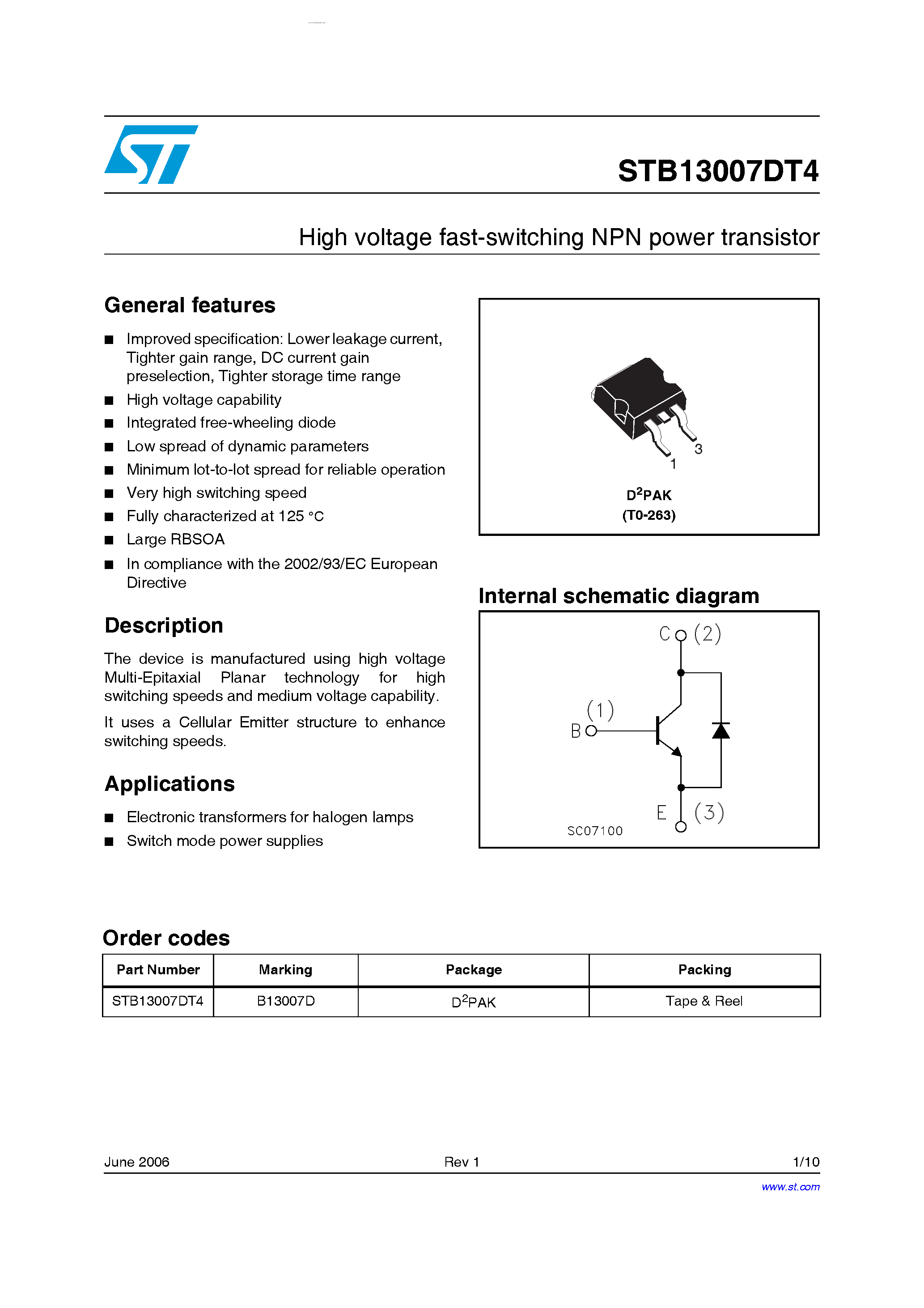 Datasheet STB13007DT4 page 1 Datasheet STB13007DT4 - High voltage fast-switching NPN power transistor page 1
