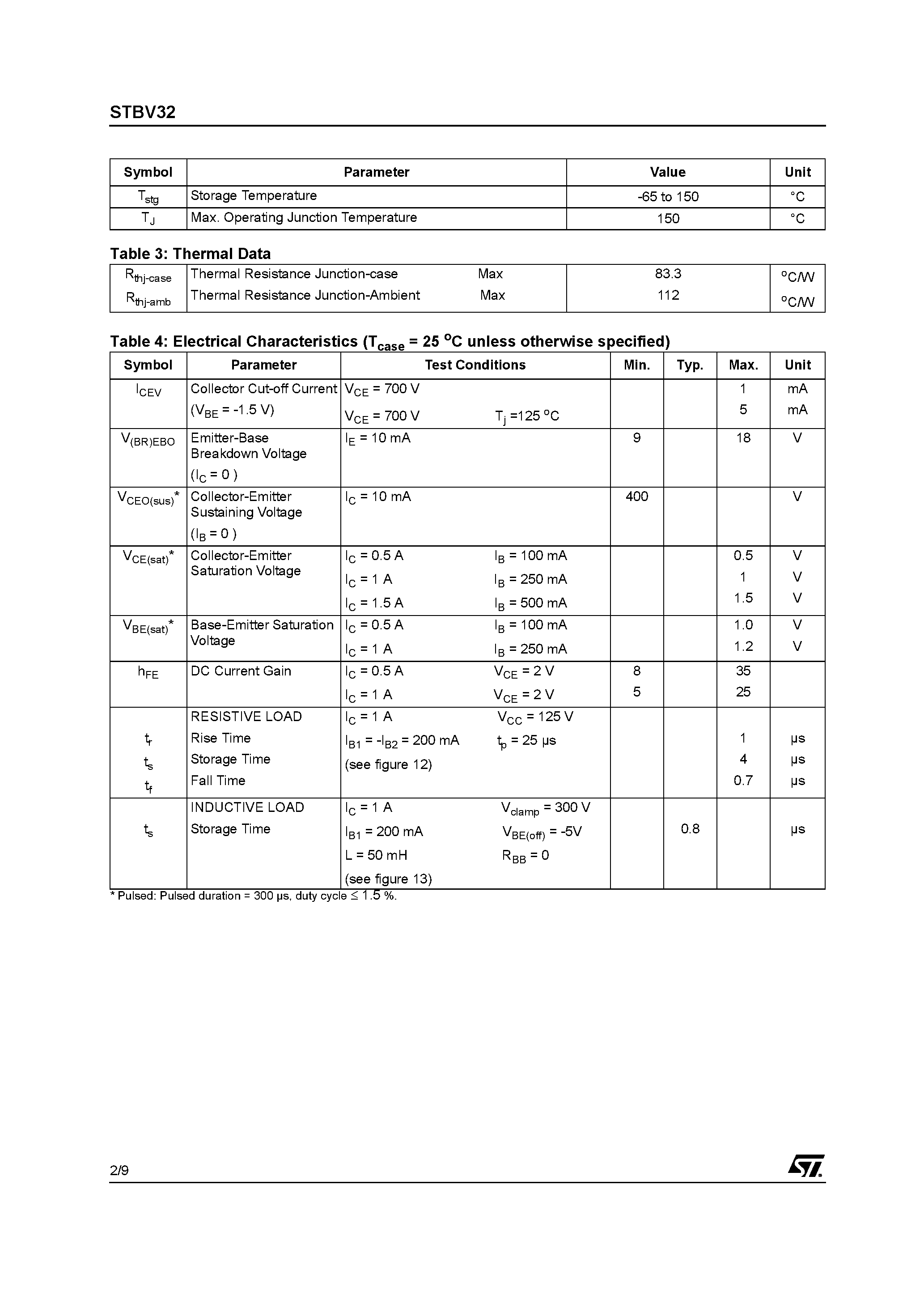 Datasheet STBV32 page 2 Datasheet STBV32 - HIGH VOLTAGE FAST-SWITCHING NPN POWER TRANSISTOR page 2