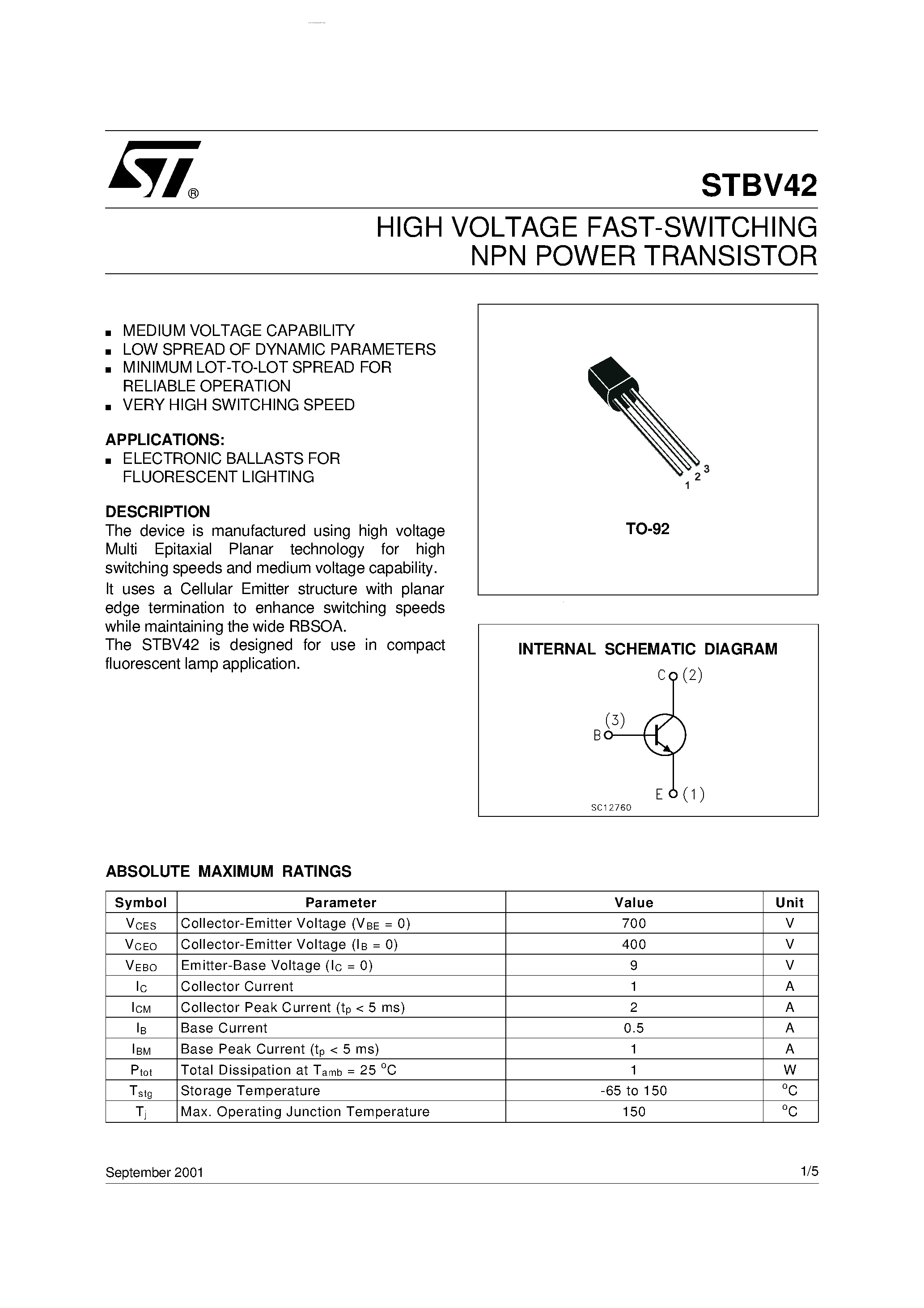 Datasheet STBV42 page 1 Datasheet STBV42 - HIGH VOLTAGE FAST-SWITCHING NPN POWER TRANSISTOR page 1