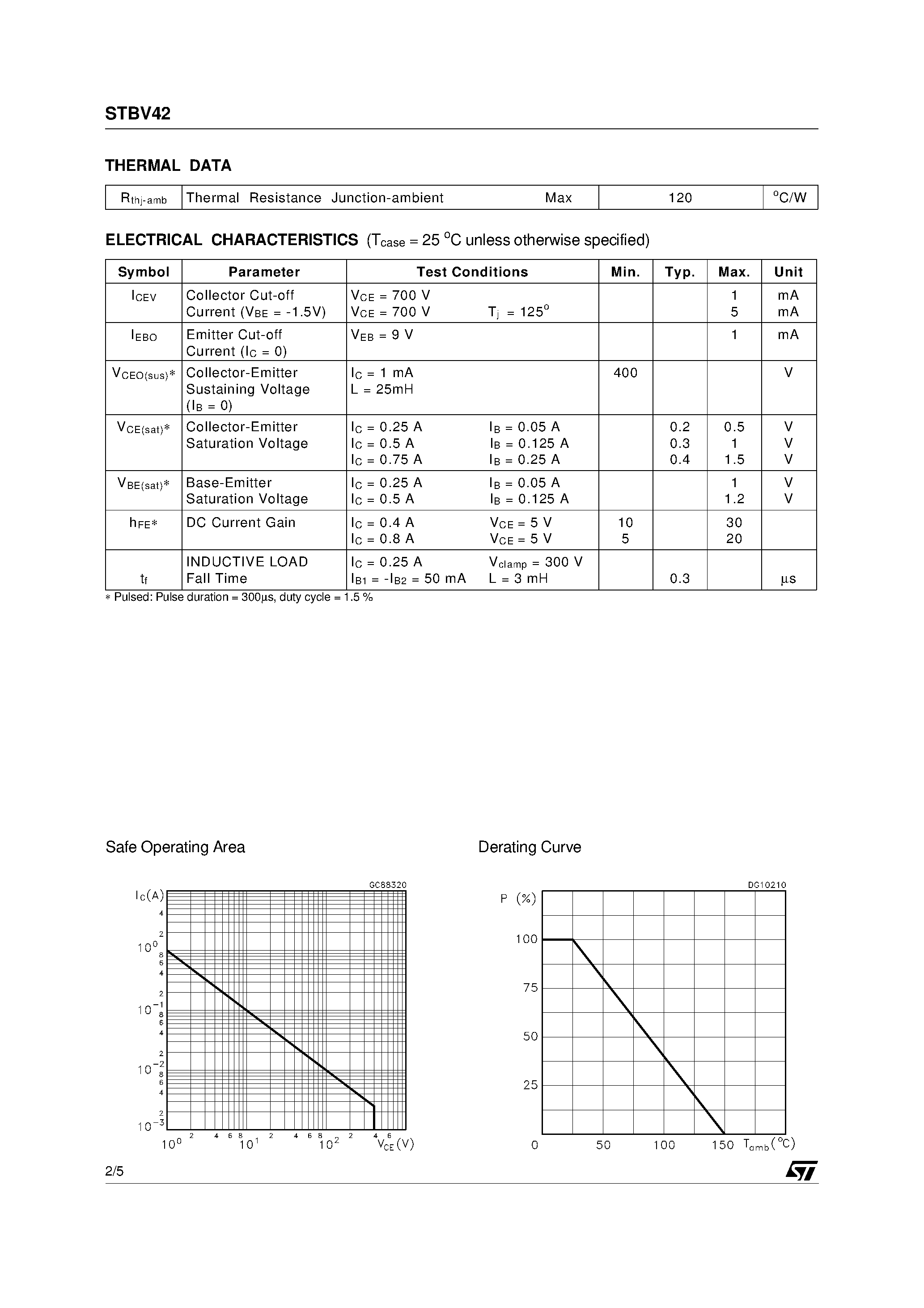 Datasheet STBV42 page 2 Datasheet STBV42 - HIGH VOLTAGE FAST-SWITCHING NPN POWER TRANSISTOR page 2