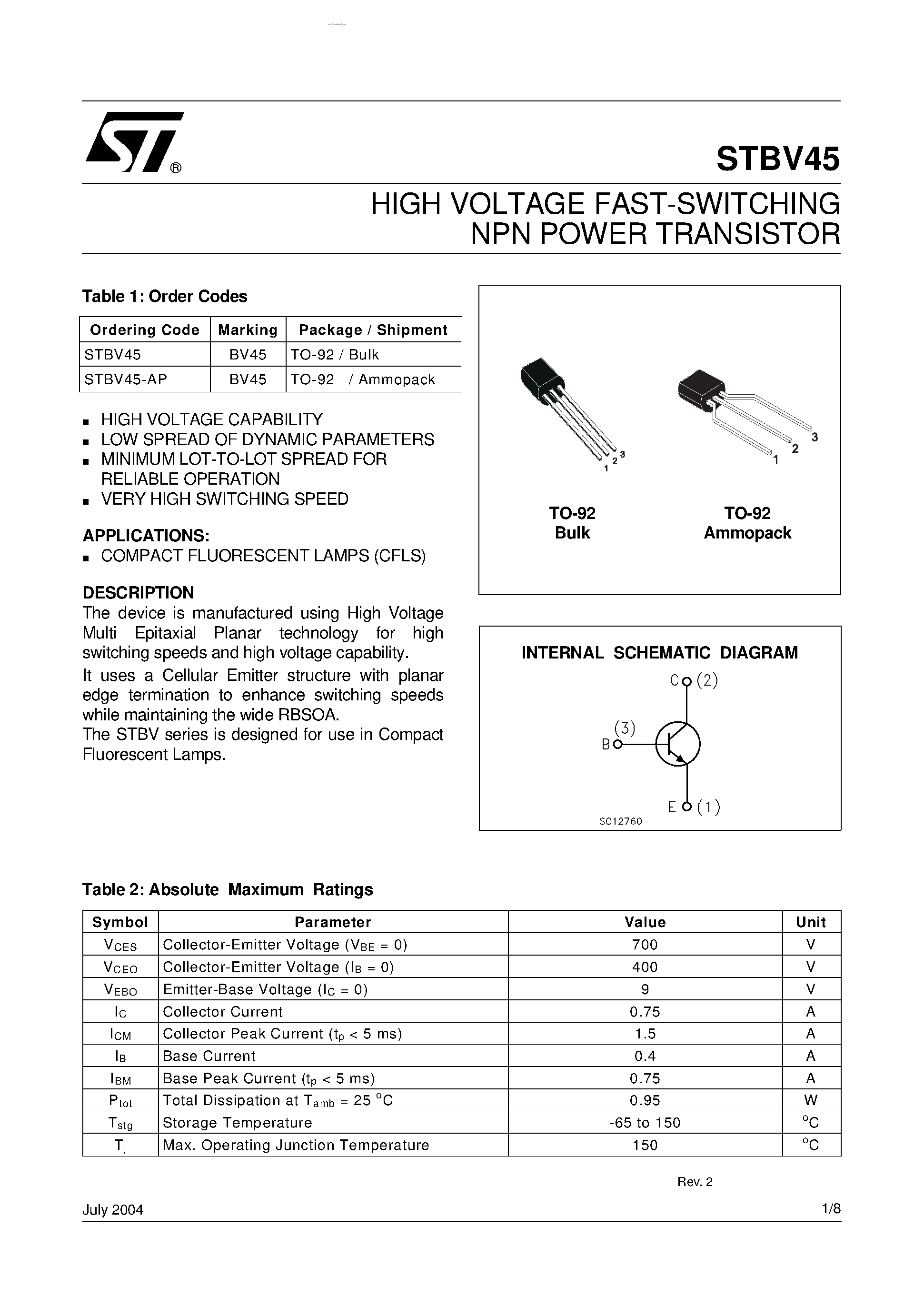 Datasheet STBV45 page 1 Datasheet STBV45 - HIGH VOLTAGE FAST-SWITCHING NPN POWER TRANSISTOR page 1