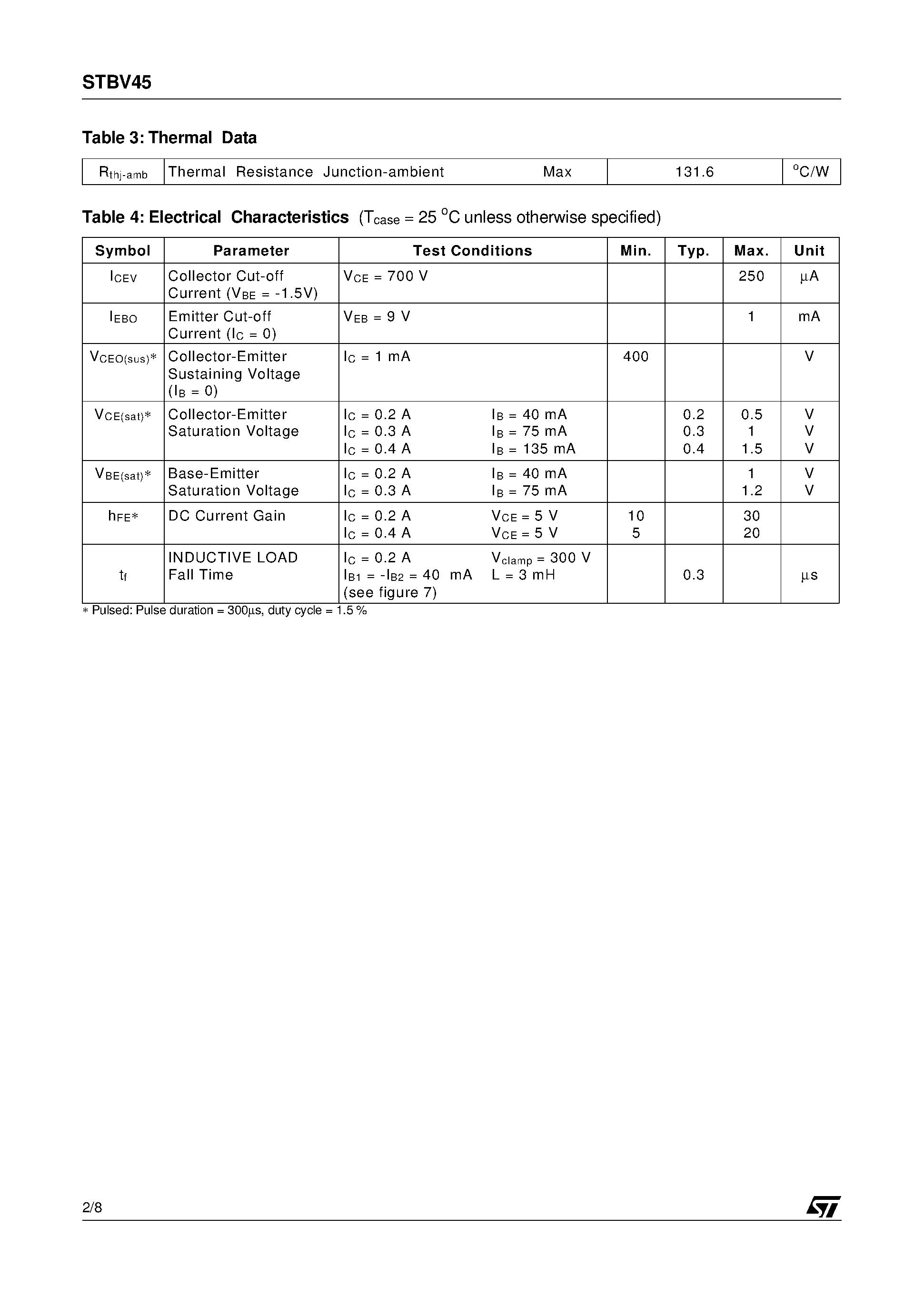 Datasheet STBV45 page 2 Datasheet STBV45 - HIGH VOLTAGE FAST-SWITCHING NPN POWER TRANSISTOR page 2