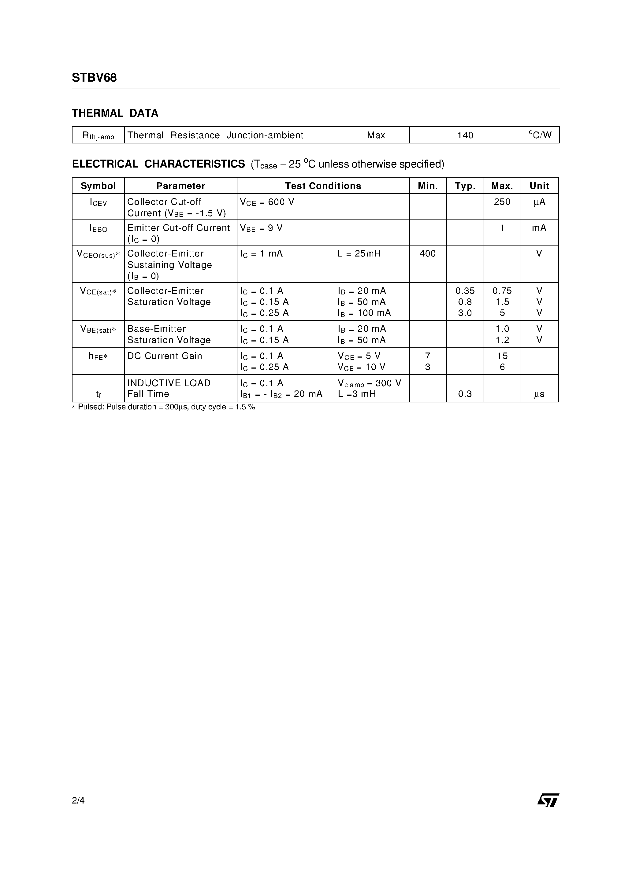 Datasheet STBV68 page 2 Datasheet STBV68 - HIGH VOLTAGE FAST-SWITCHING NPN POWER TRANSISTOR page 2