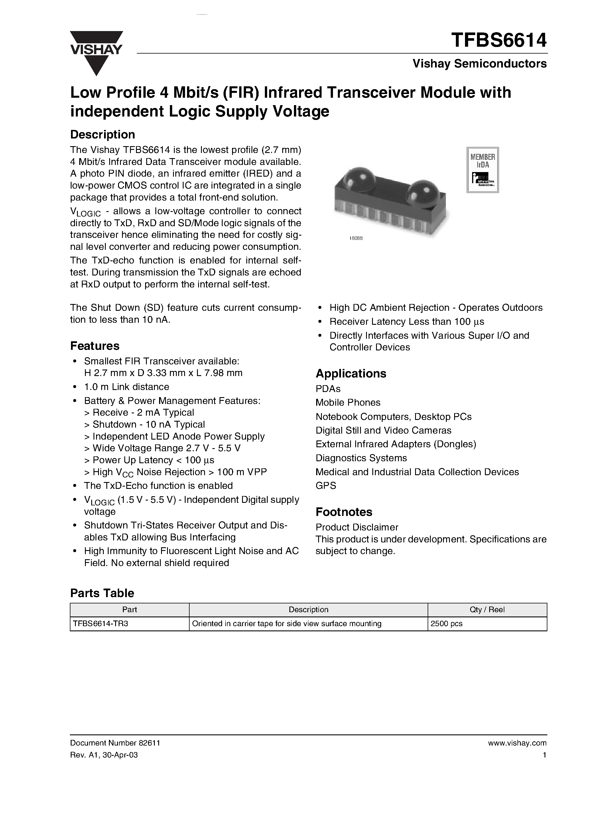 Datasheet TFBS6614 - Low Profile 4 Mbit/s (FIR) Infrared Transceiver Module page 1