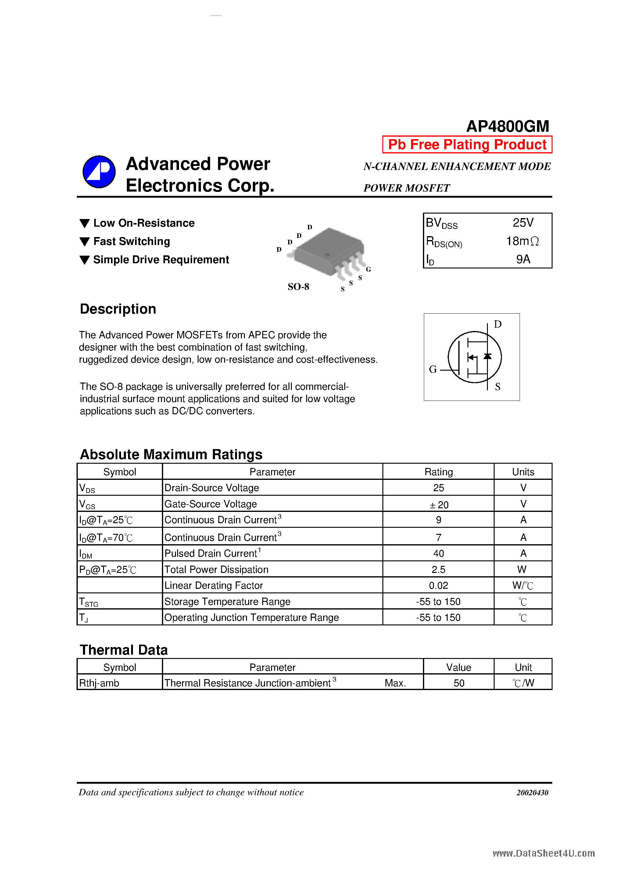 Datasheet AP4800GM - N-CHANNEL ENHANCEMENT MODE POWER MOSFET page 1