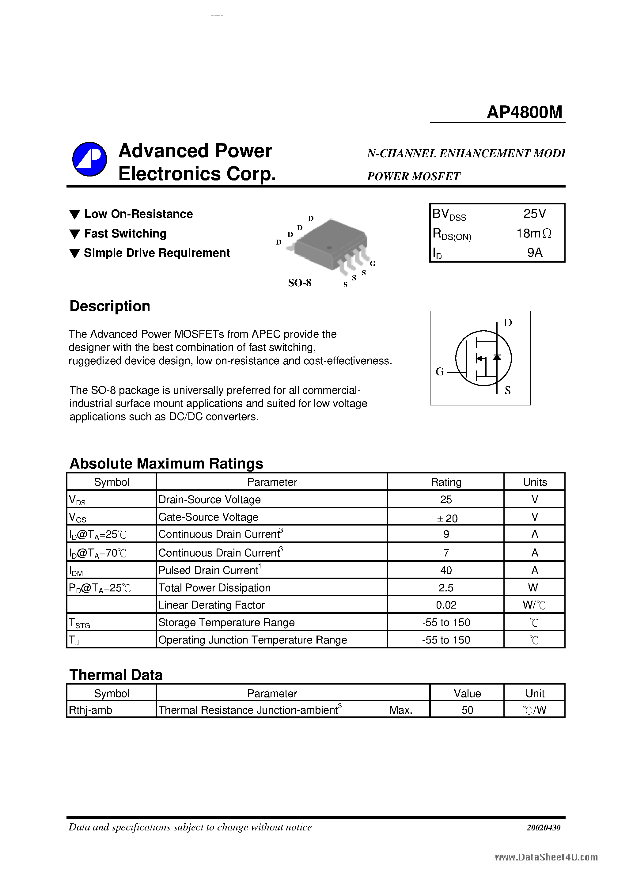Datasheet AP4800M - N-CHANNEL ENHANCEMENT MODE POWER MOSFET page 1