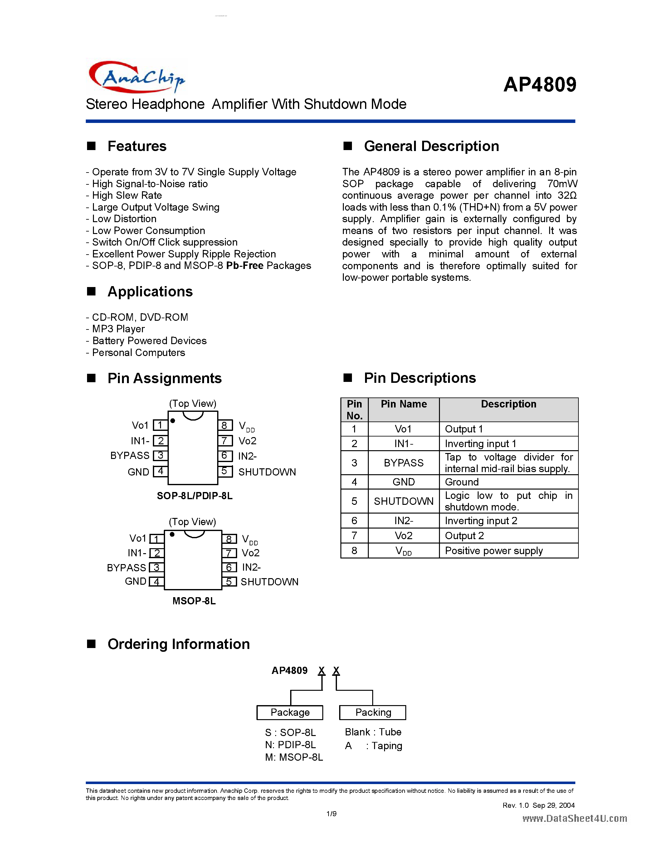 Даташит AP4809 - Stereo Headphone Amplifier страница 1