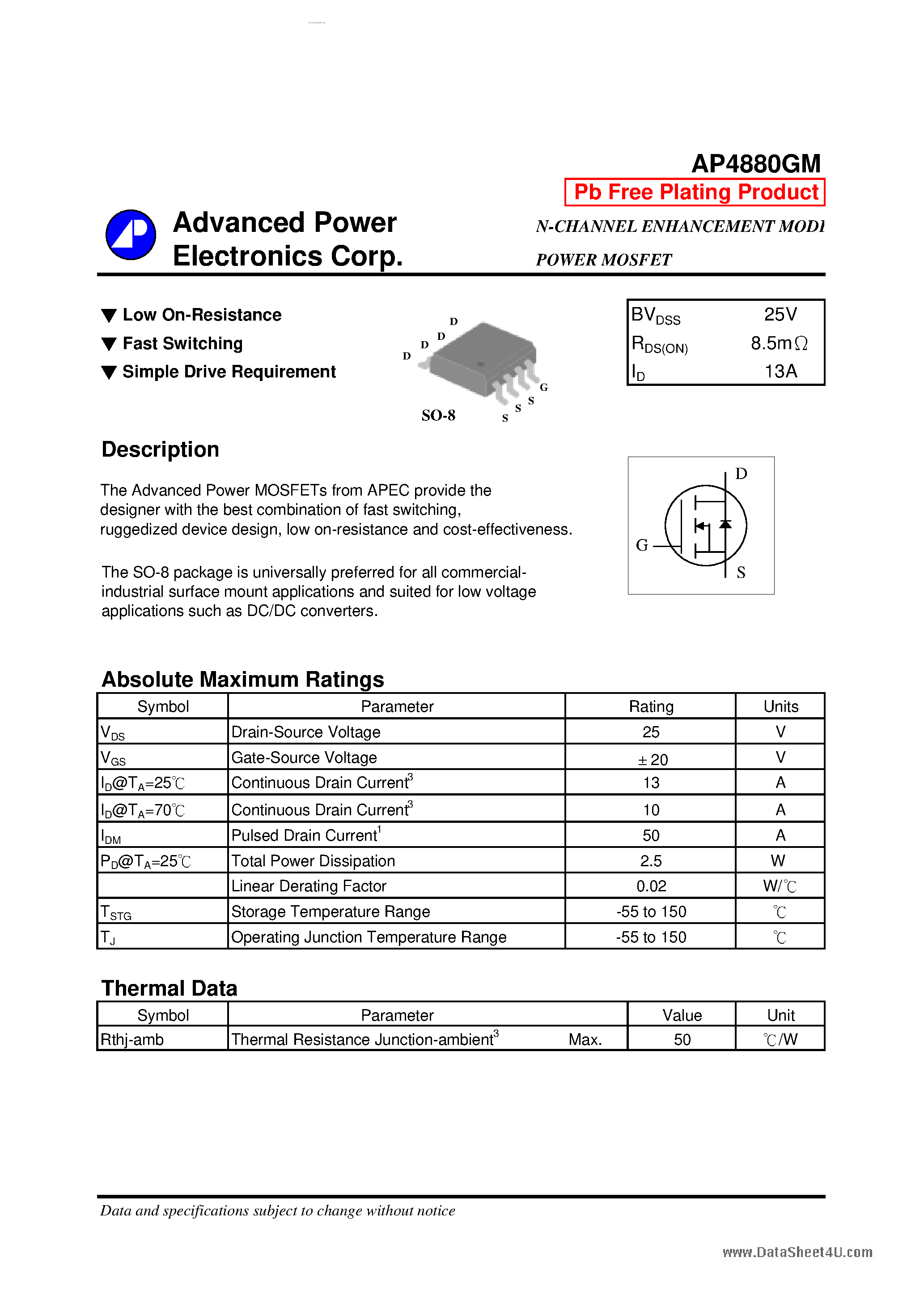 Datasheet AP4880GM - N-CHANNEL ENHANCEMENT MODE POWER MOSFET page 1
