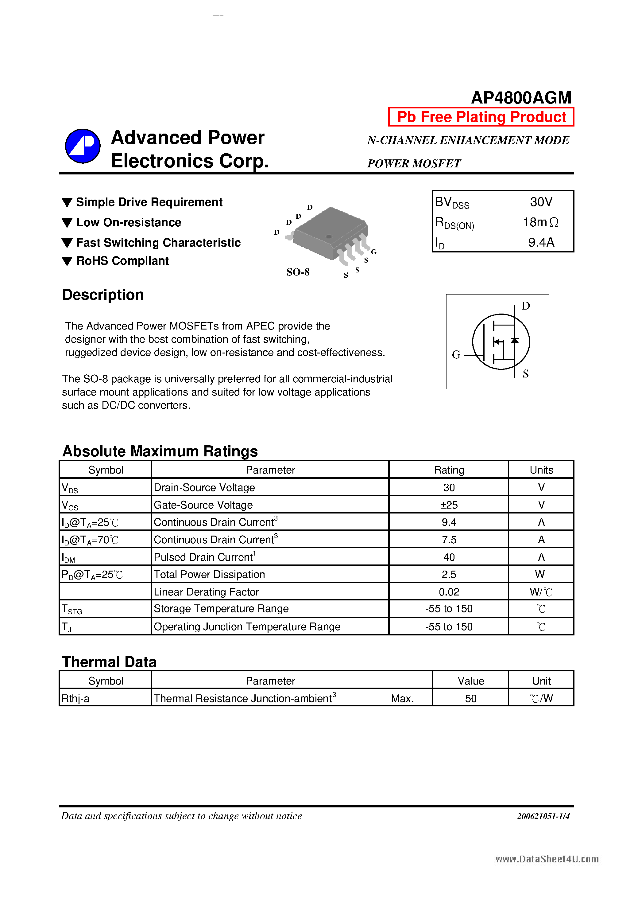 Datasheet AP4880AGM - N-CHANNEL ENHANCEMENT MODE POWER MOSFET page 1