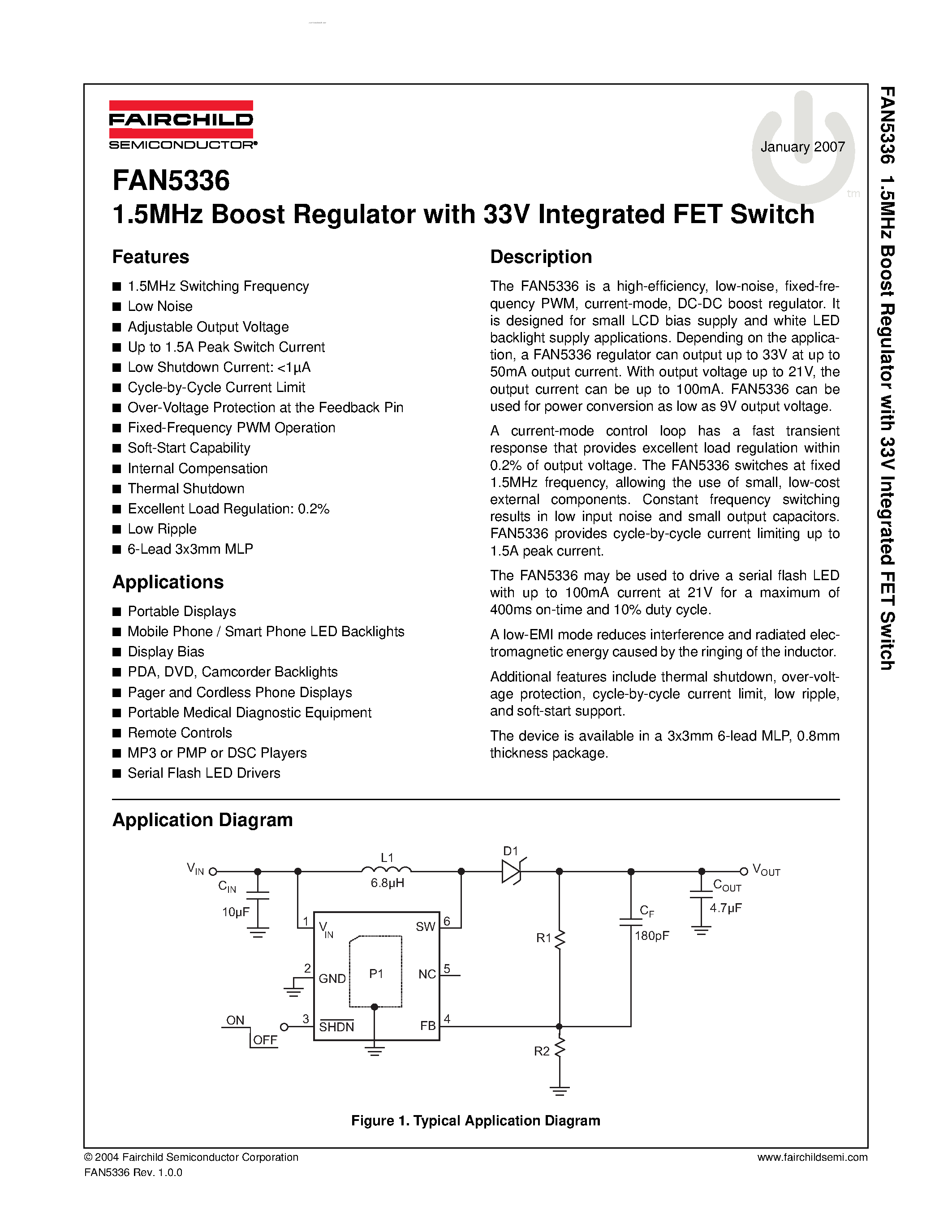 Datasheet FAN5336 - 1.5MHz Boost Regulator page 1