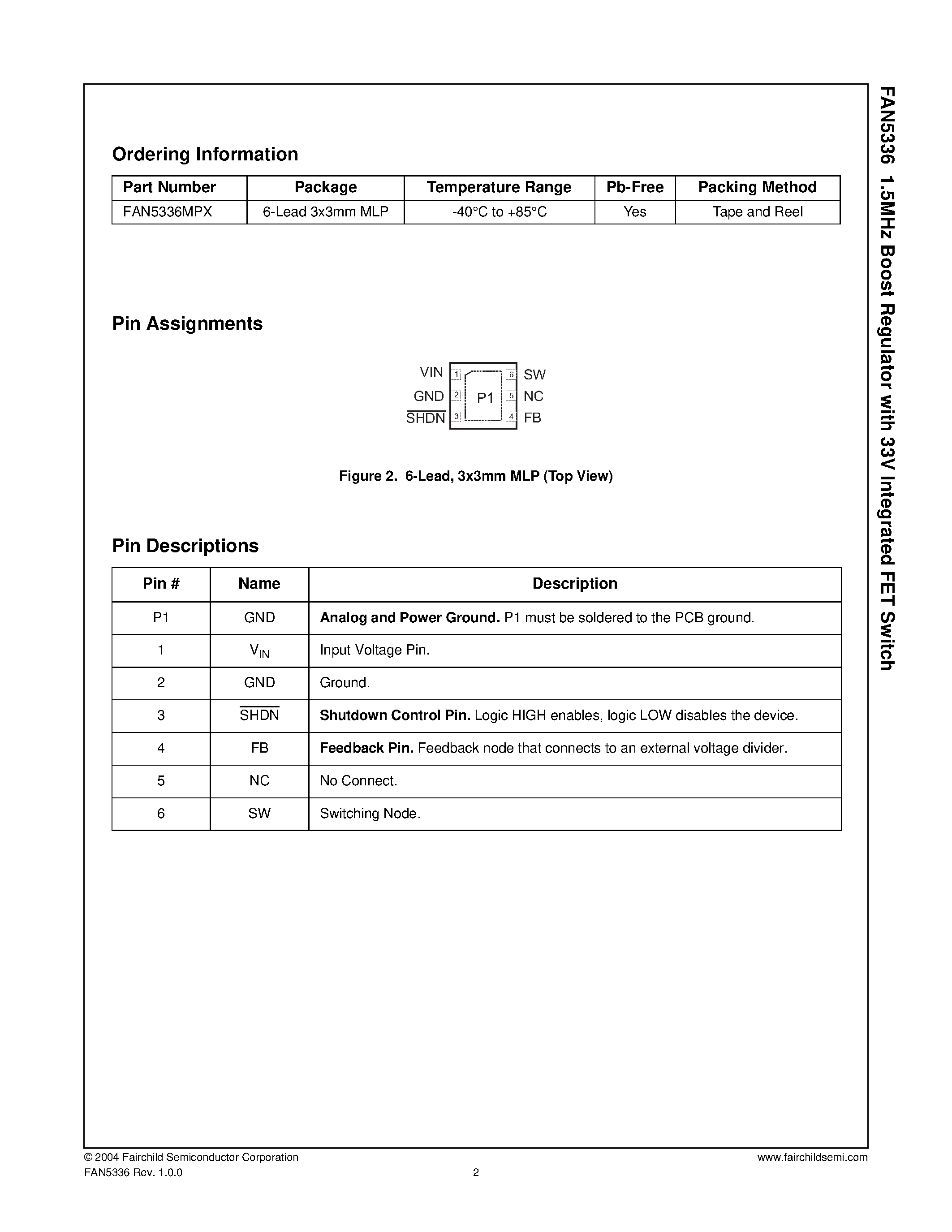 Datasheet FAN5336 - 1.5MHz Boost Regulator page 2