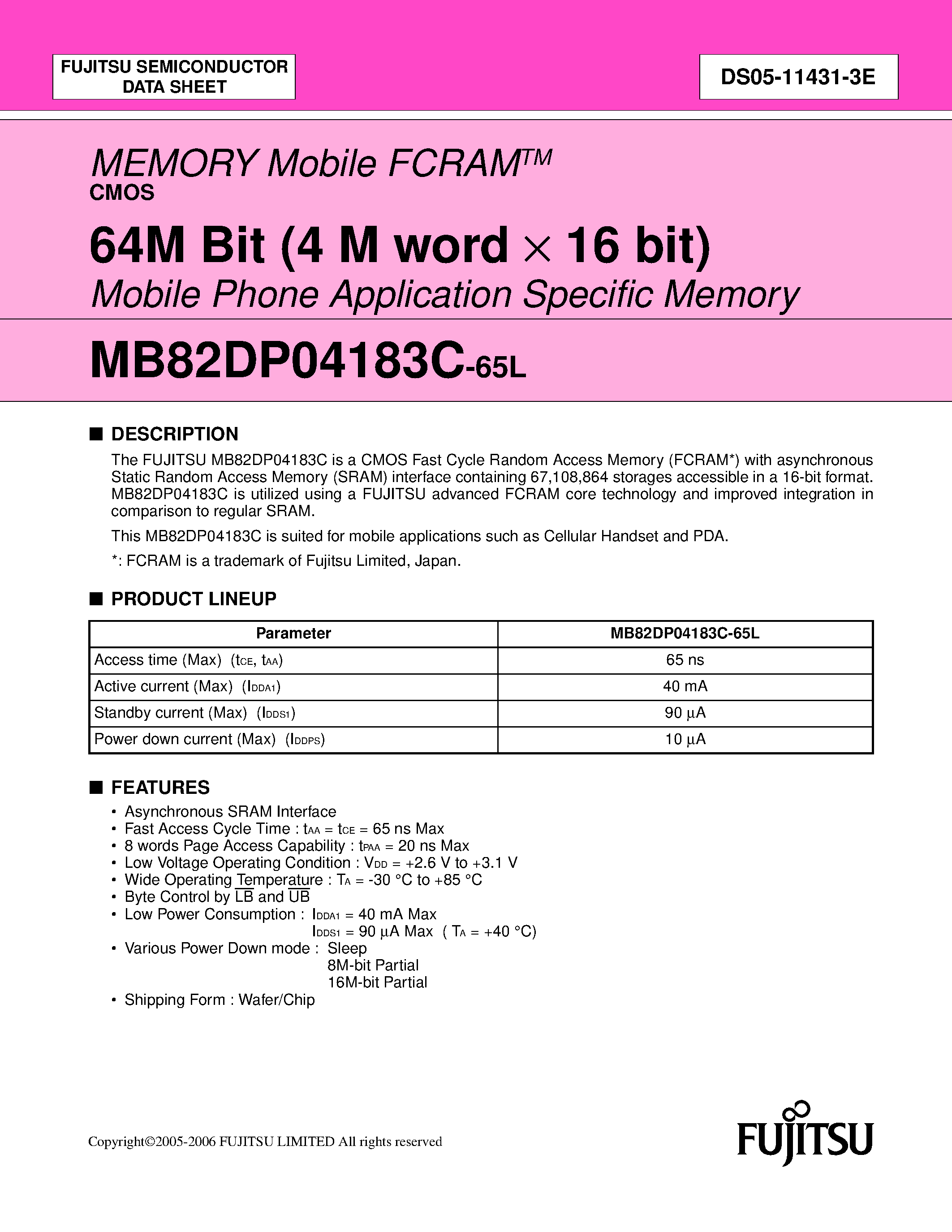 Datasheet MB82DP04183C - 64M Bit (4 M word X 16 bit) Mobile Phone Application Specific Memory page 1
