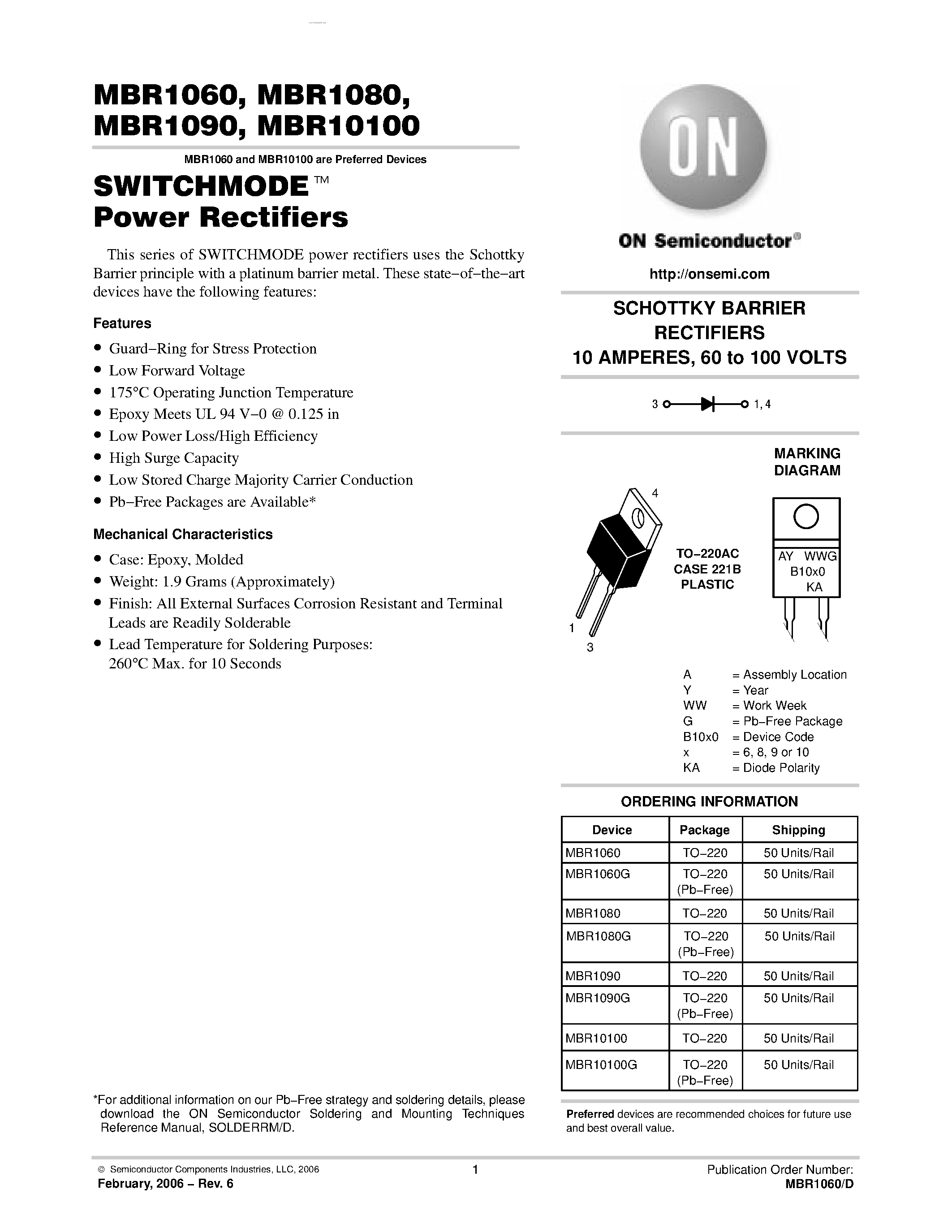 Datasheet MBR10100 page 1 Datasheet MBR10100 - (MBR1060 - MBR10100) SWITCHMODE Power Rectifiers page 1