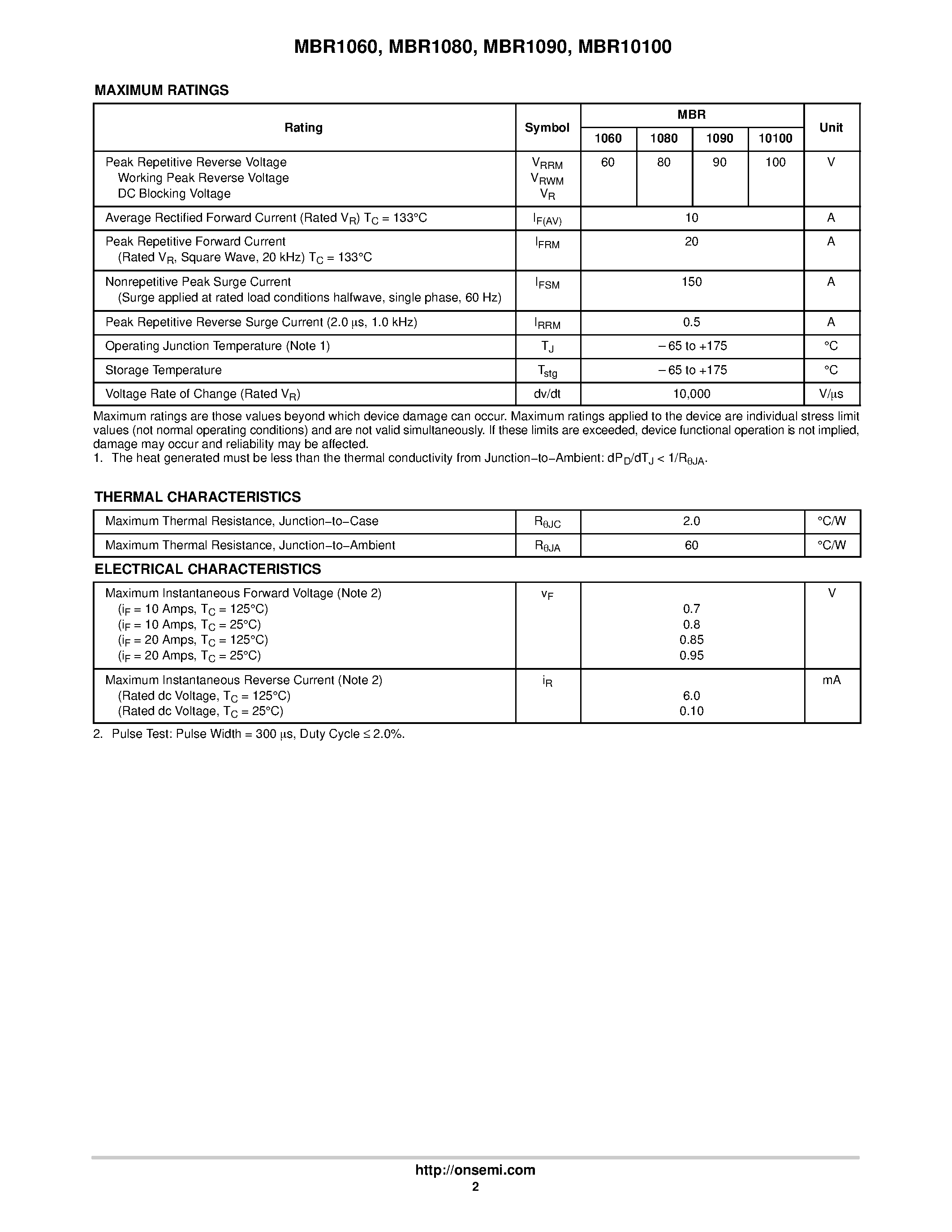 Datasheet MBR10100 page 2 Datasheet MBR10100 - (MBR1060 - MBR10100) SWITCHMODE Power Rectifiers page 2