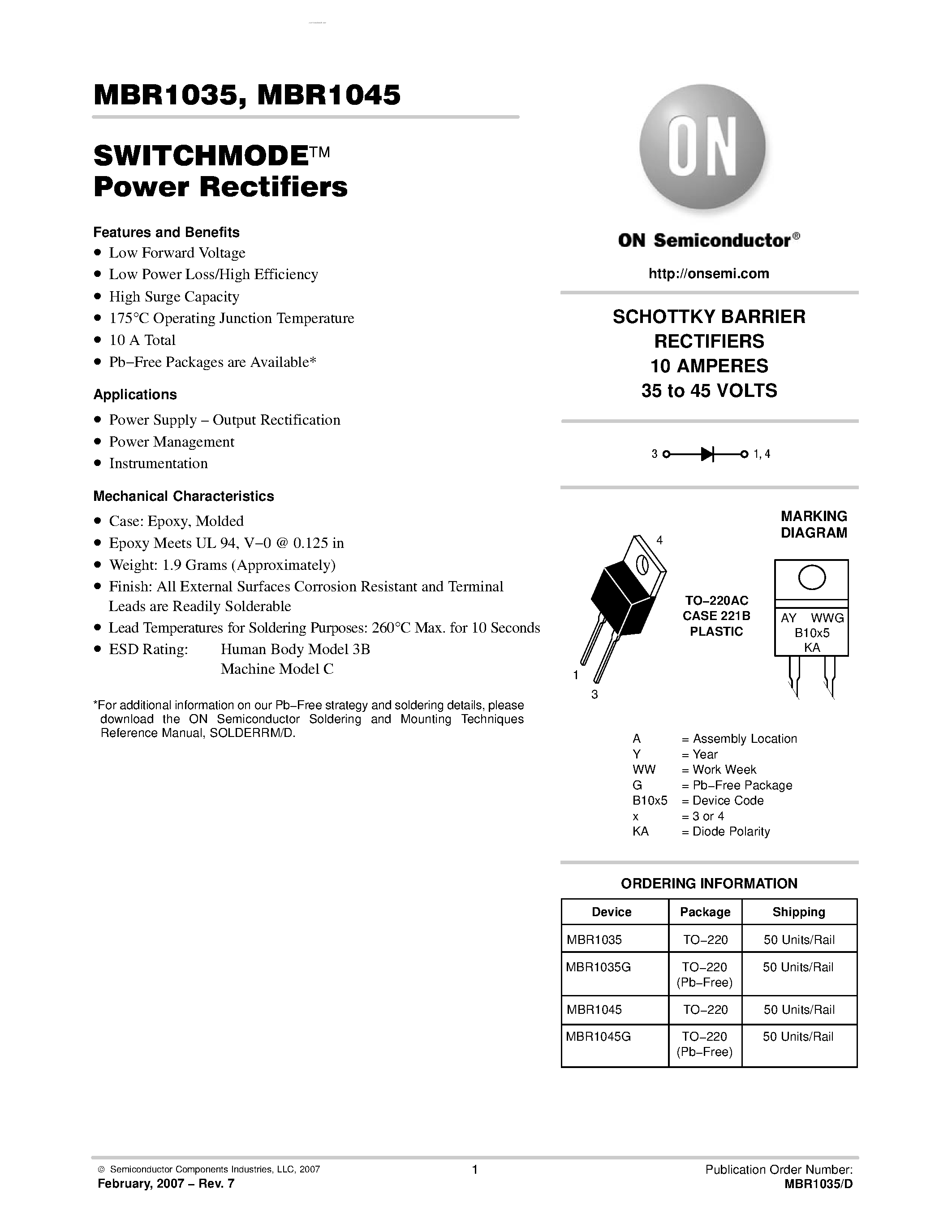 Datasheet MBR1035 page 1 Datasheet MBR1035 - (MBR1035 / MBR1045) SWITCHMODE Power Rectifiers page 1