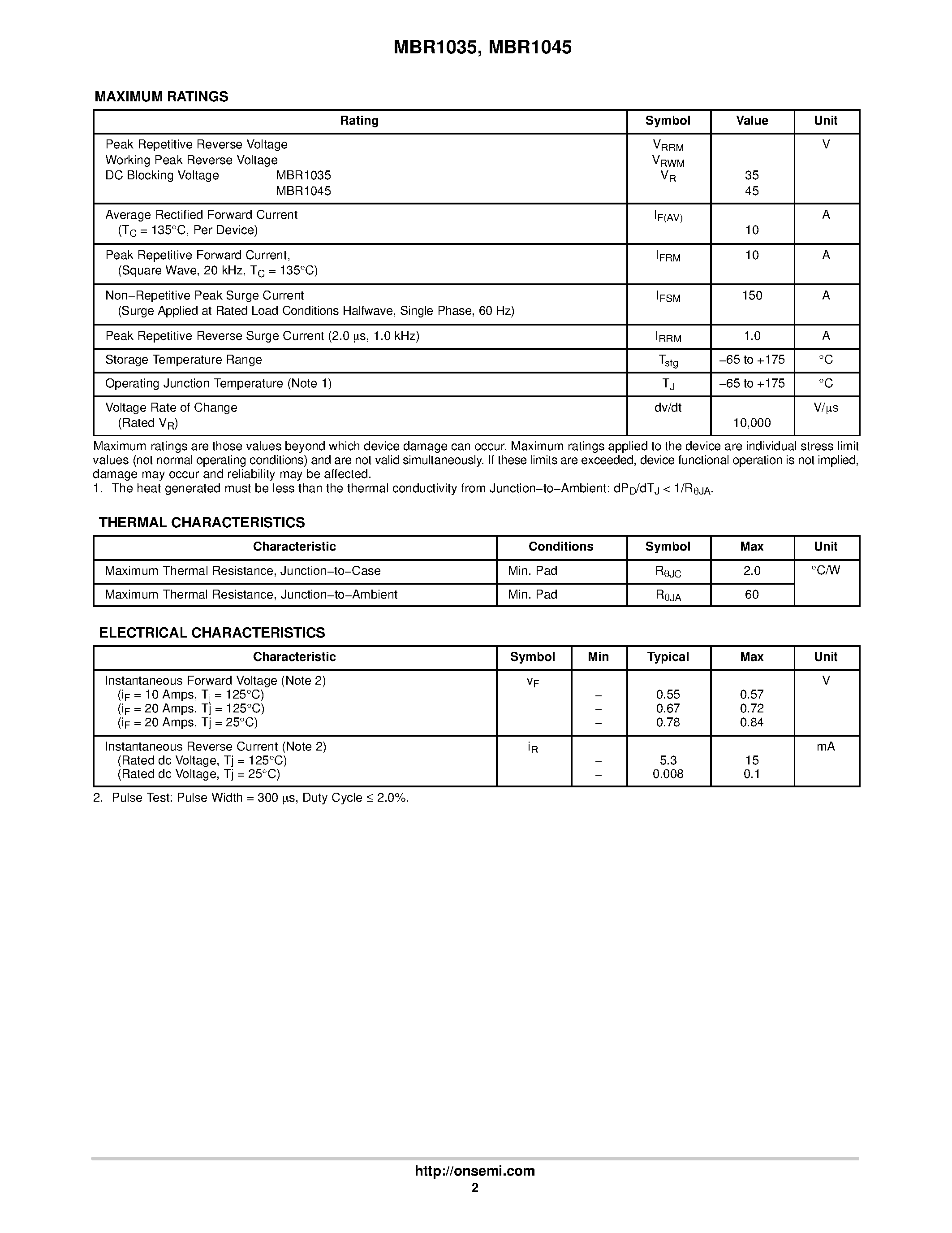 Datasheet MBR1035 page 2 Datasheet MBR1035 - (MBR1035 / MBR1045) SWITCHMODE Power Rectifiers page 2