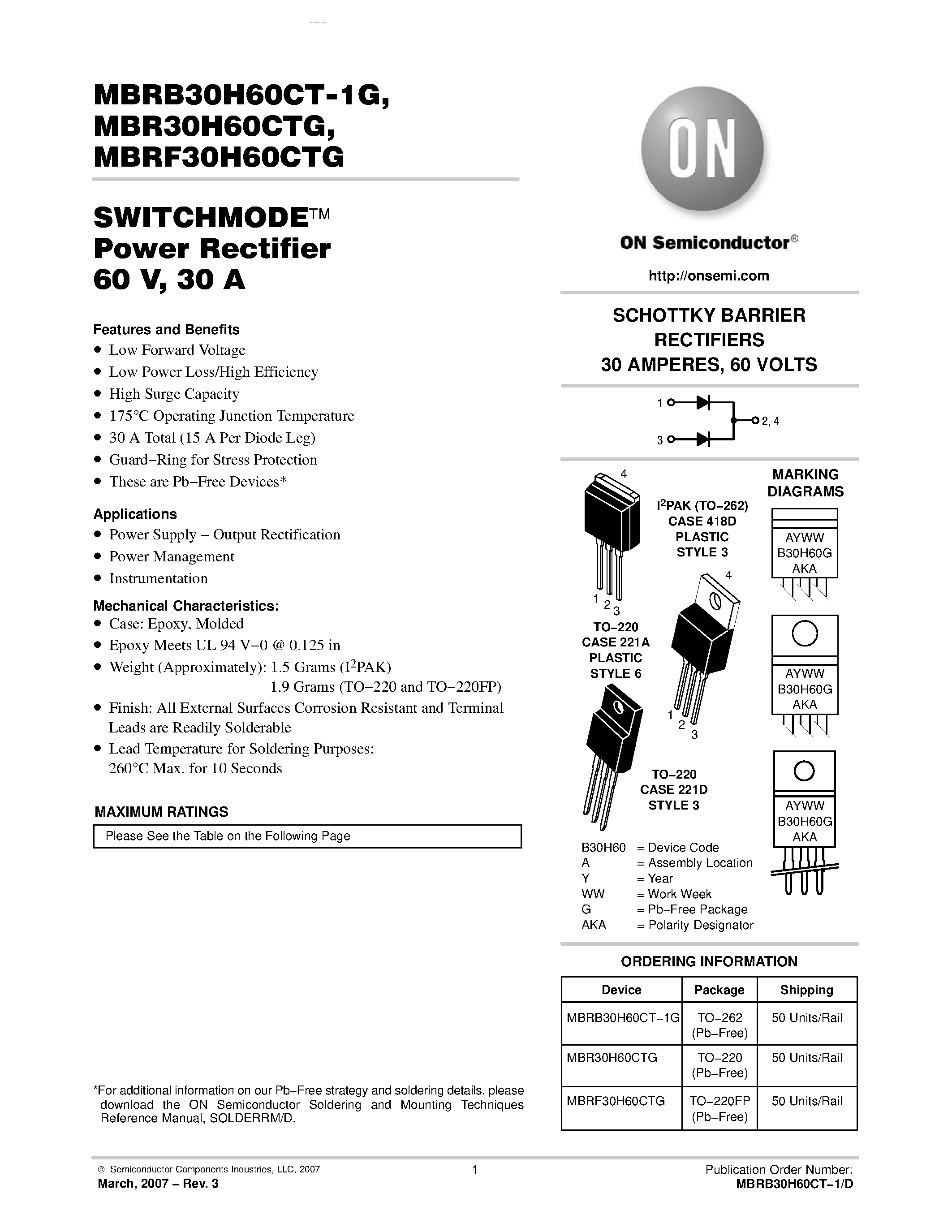 Даташит MBRB30H60CT-1G - SWITCHMODE Power Rectifier страница 1
