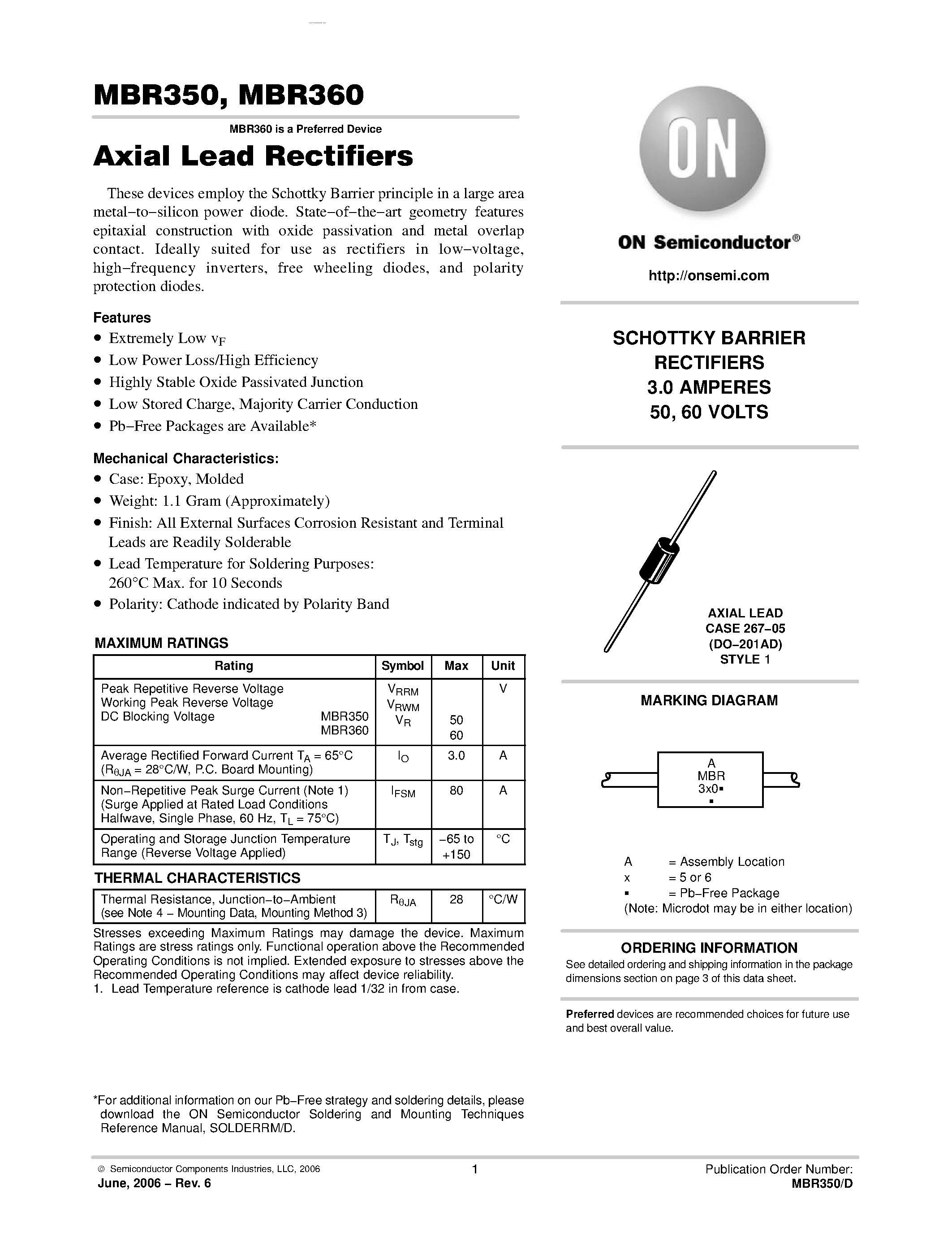 Datasheet MBR350 page 1 Datasheet MBR350 - (MBR350 / MBR360) Axial Lead Rectifiers page 1