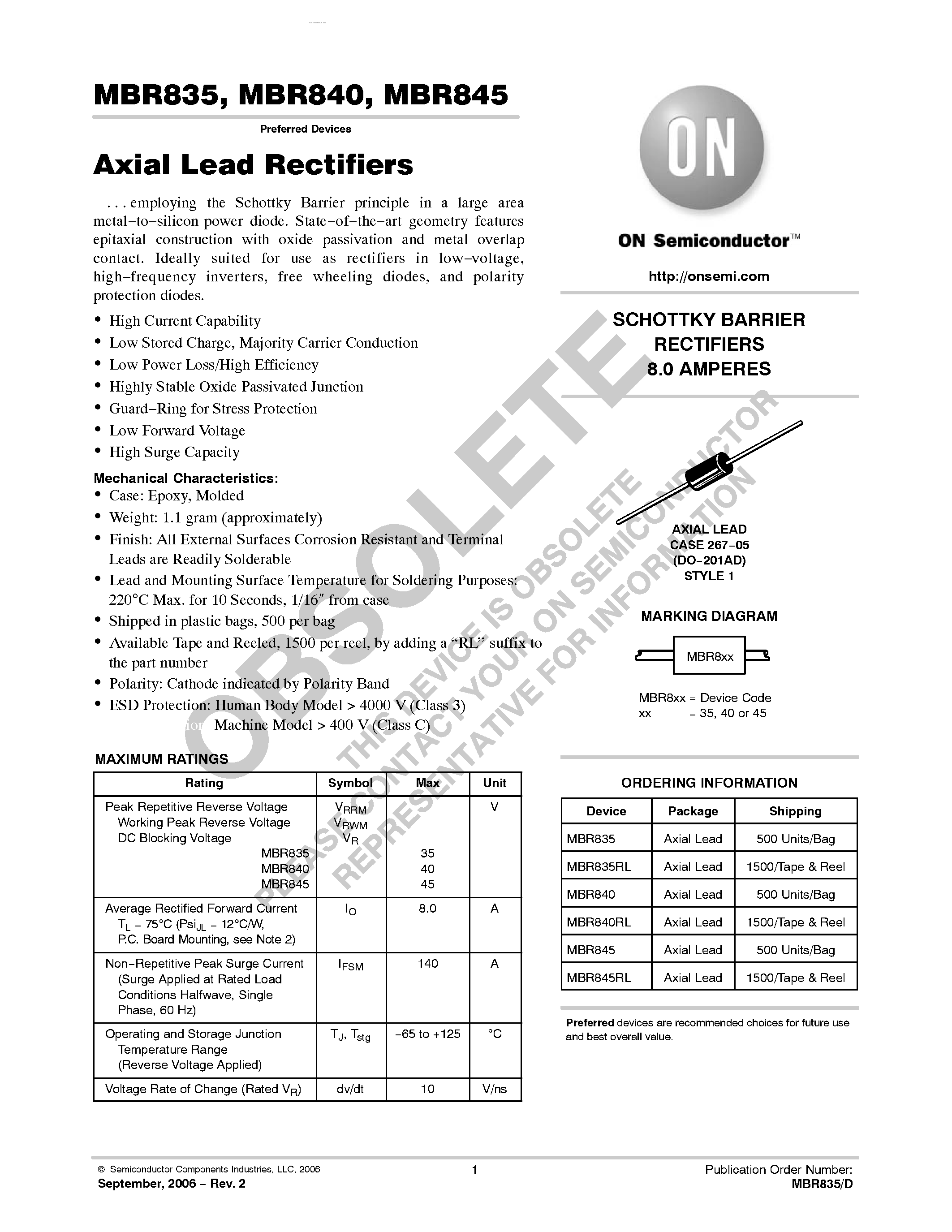 Datasheet MBR835 page 1 Datasheet MBR835 - (MBR835 - MBR845) Axial Lead Rectifiers page 1