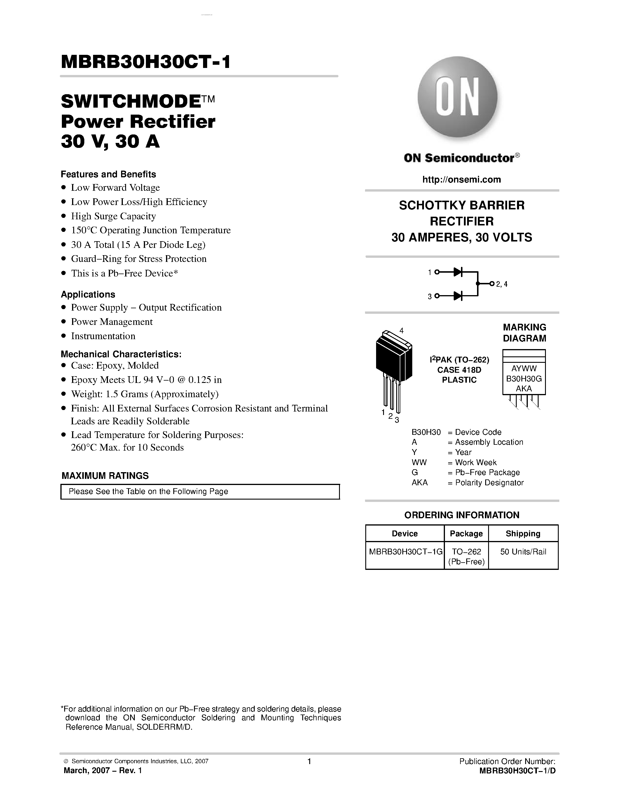 Даташит MBRB30H30CT-1 - SWITCHMODE Power Rectifier страница 1