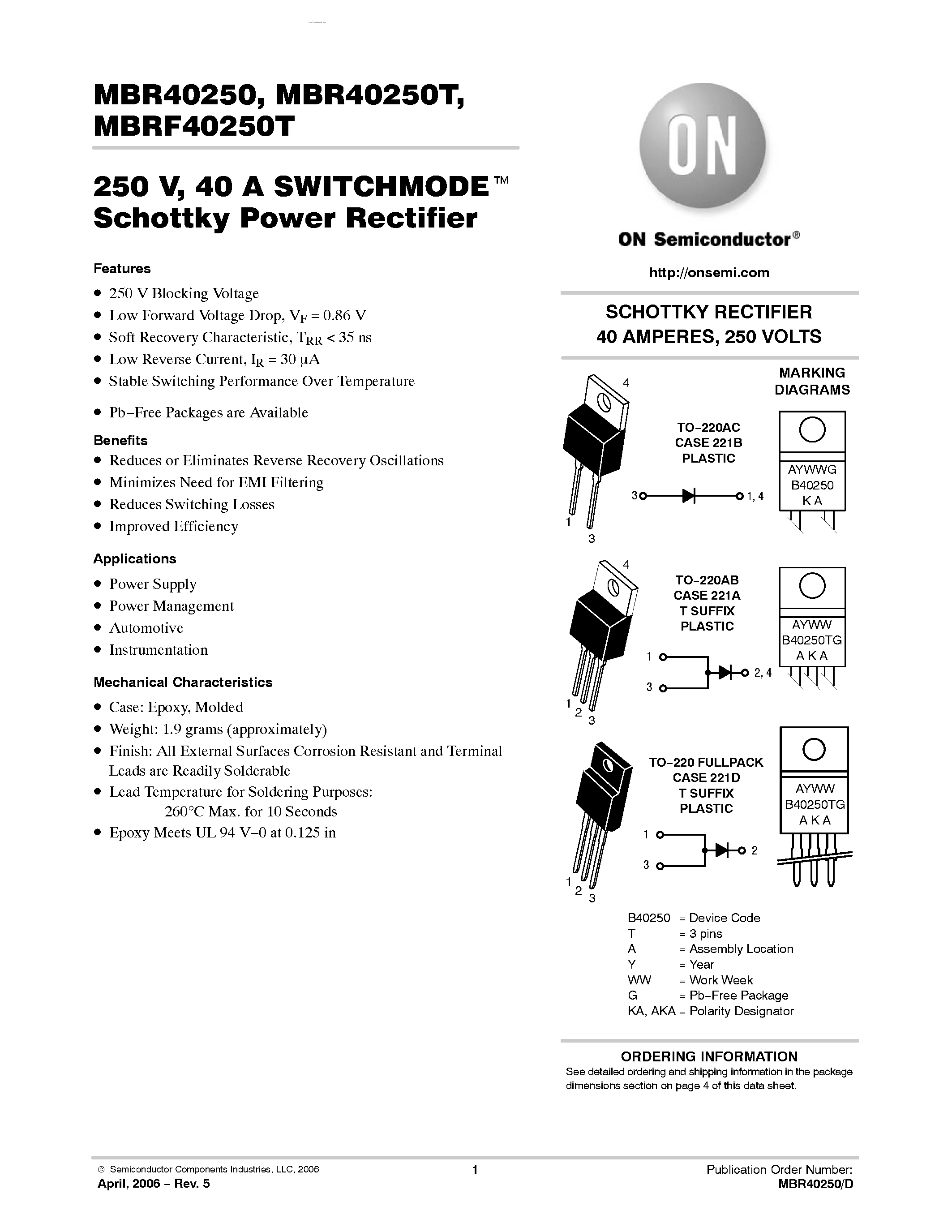 Даташит MBR40250 - SWITCHMODE Schottky Power Rectifier страница 1