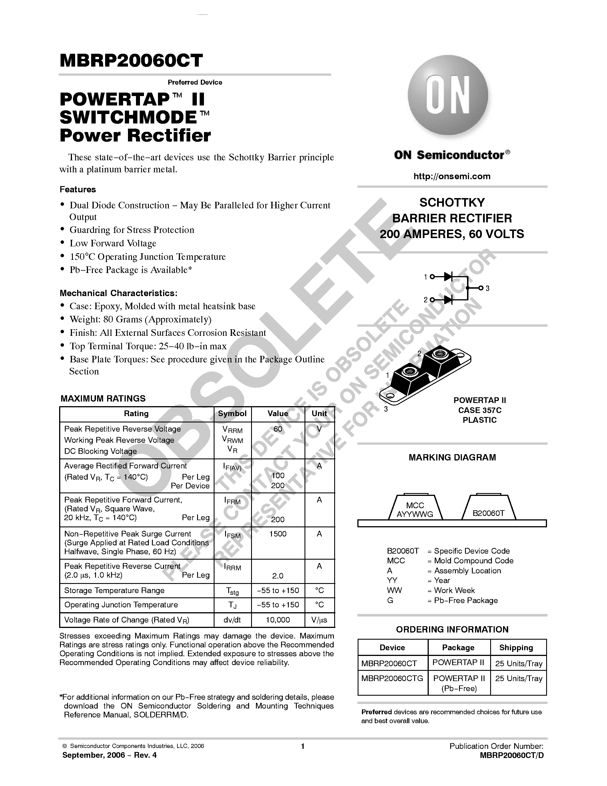 Даташит MBRP20060CT - POWERTAP II SWITCHMODE Power Rectifier страница 1