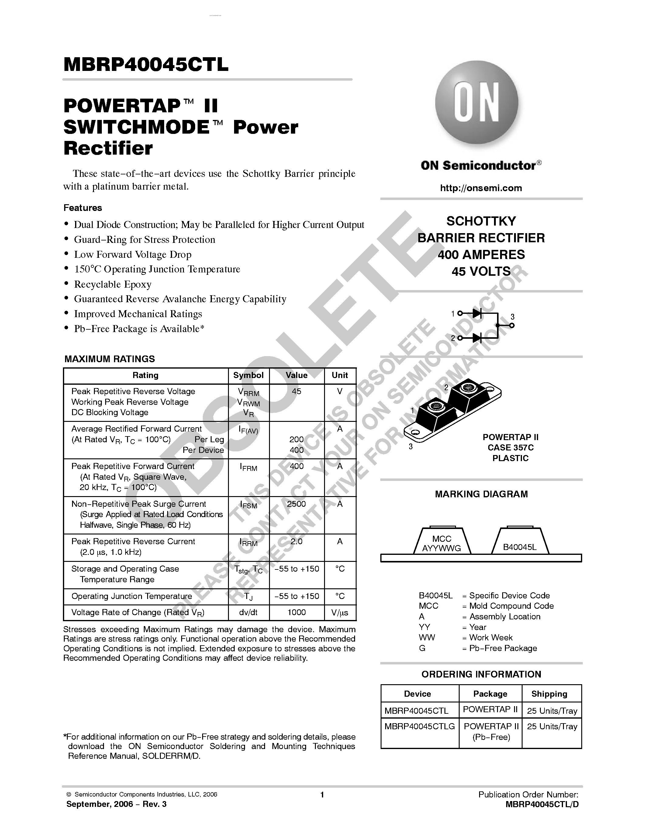 Даташит MBRP40045CTL - POWERTAP II SWITCHMODE Power Rectifier страница 1