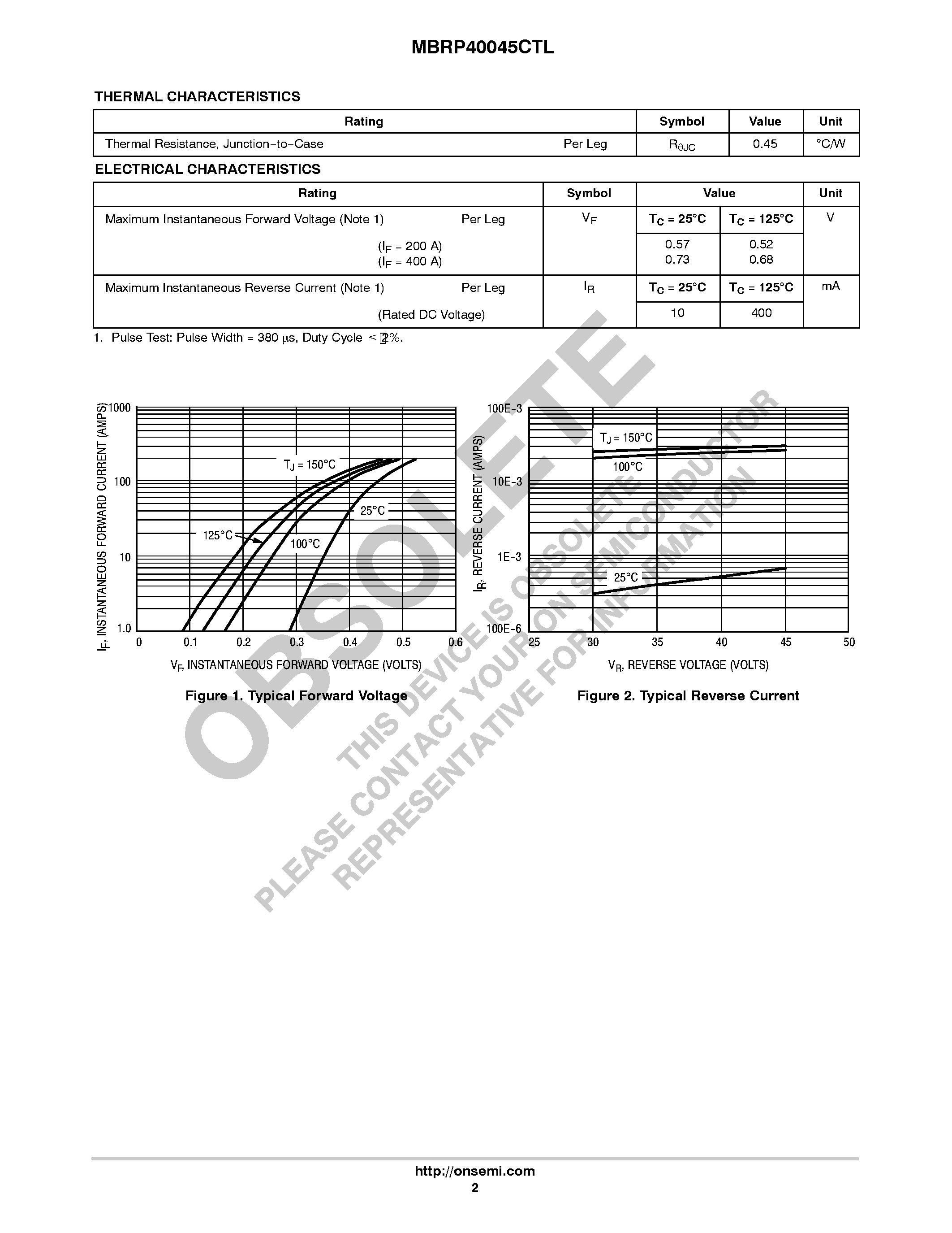 Даташит MBRP40045CTL - POWERTAP II SWITCHMODE Power Rectifier страница 2