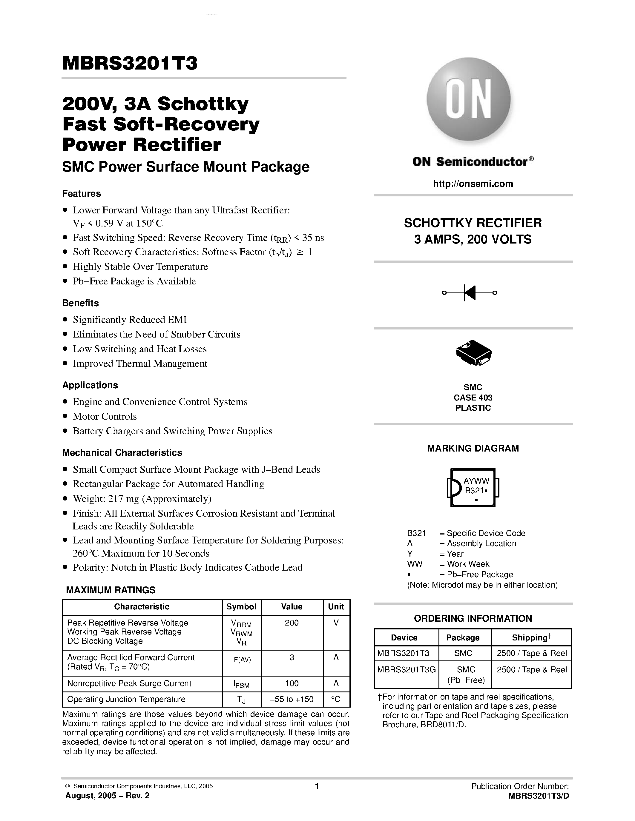 Даташит MBRS3201T3 - Schottky Fast Soft-Recovery Power Rectifier SMC Power Surface Mount Package страница 1