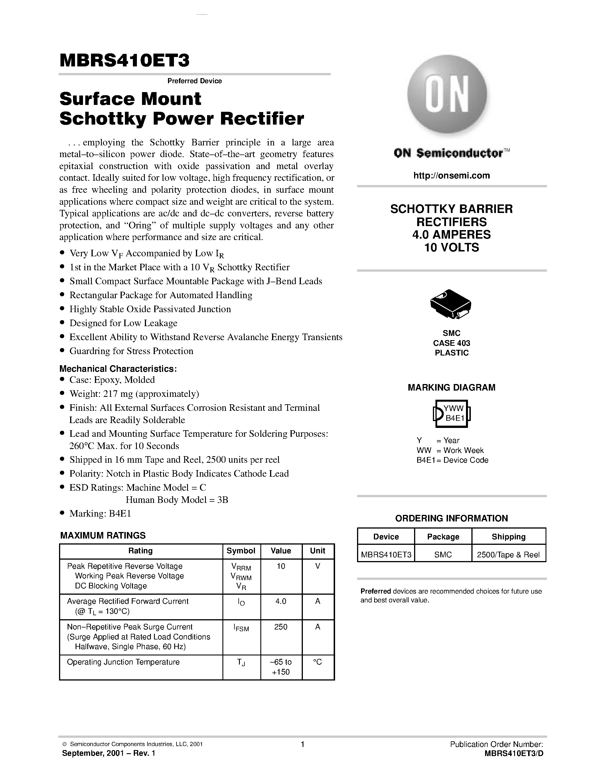 Даташит MBRS410ET3 - Surface Mount Schottky Power Rectifier страница 1