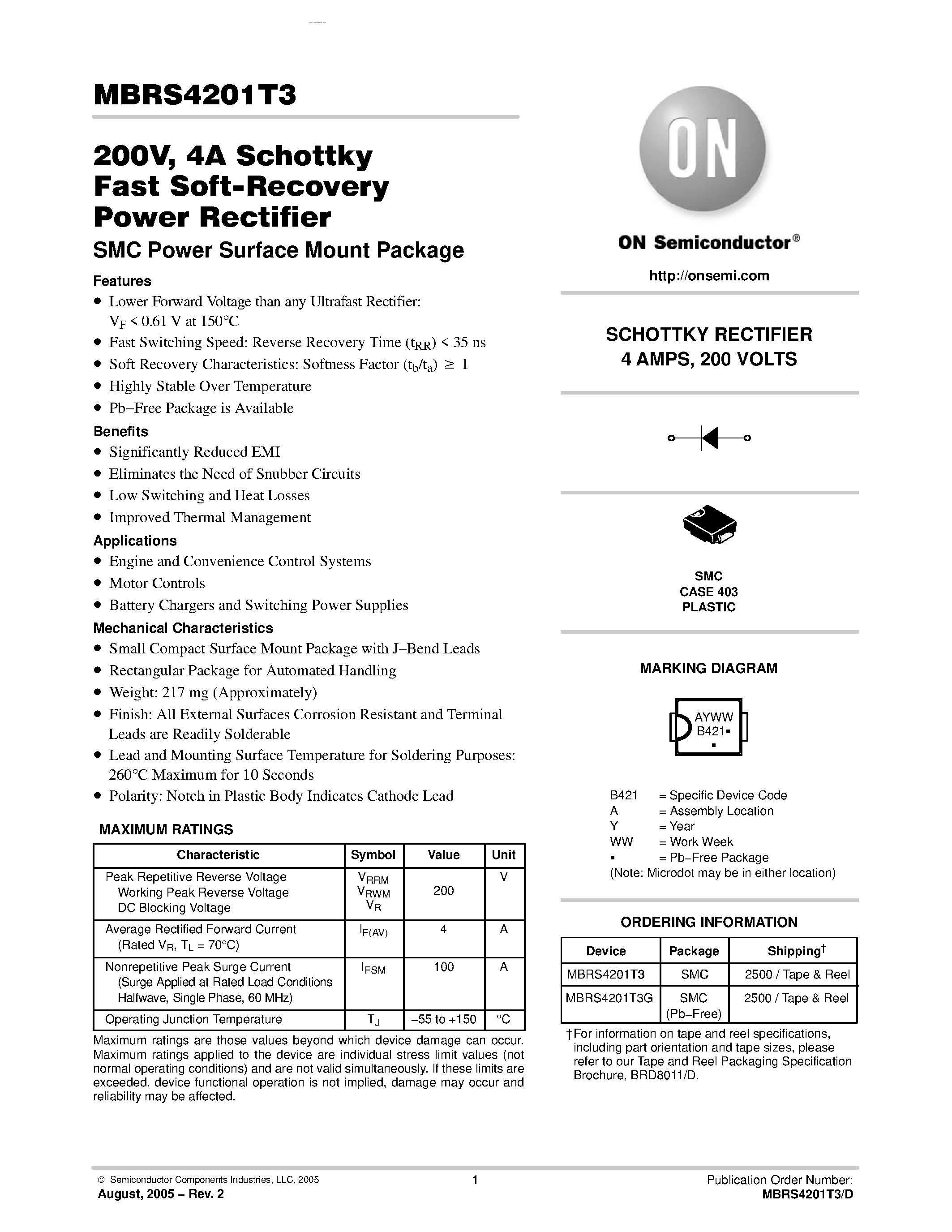 Даташит MBRS4201T3 - Schottky Fast Soft-Recovery Power Rectifier страница 1