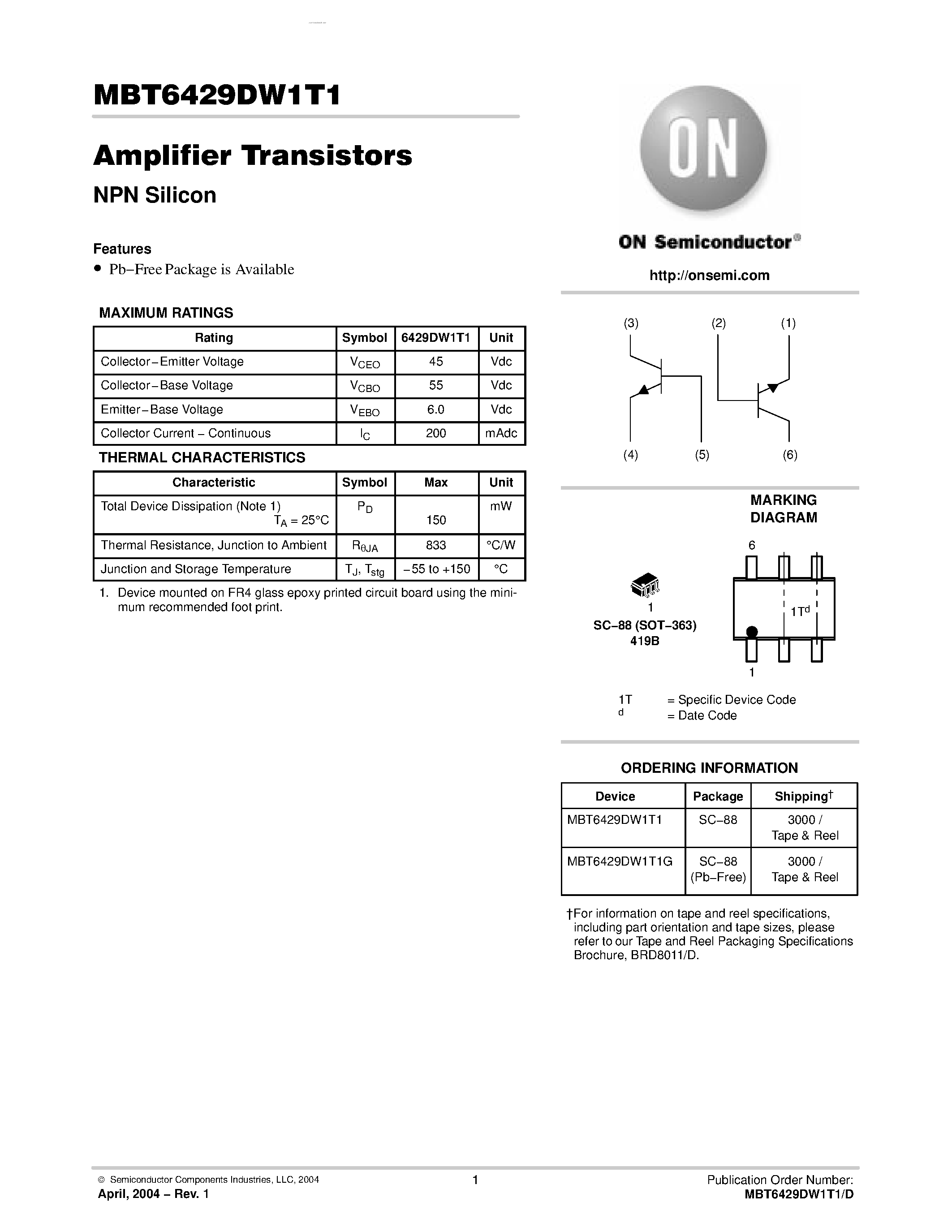 Даташит на микросхему MBT6429DW1T1 страница 1 Даташит MBT6429DW1T1 - Amplifier Transistors страница 1