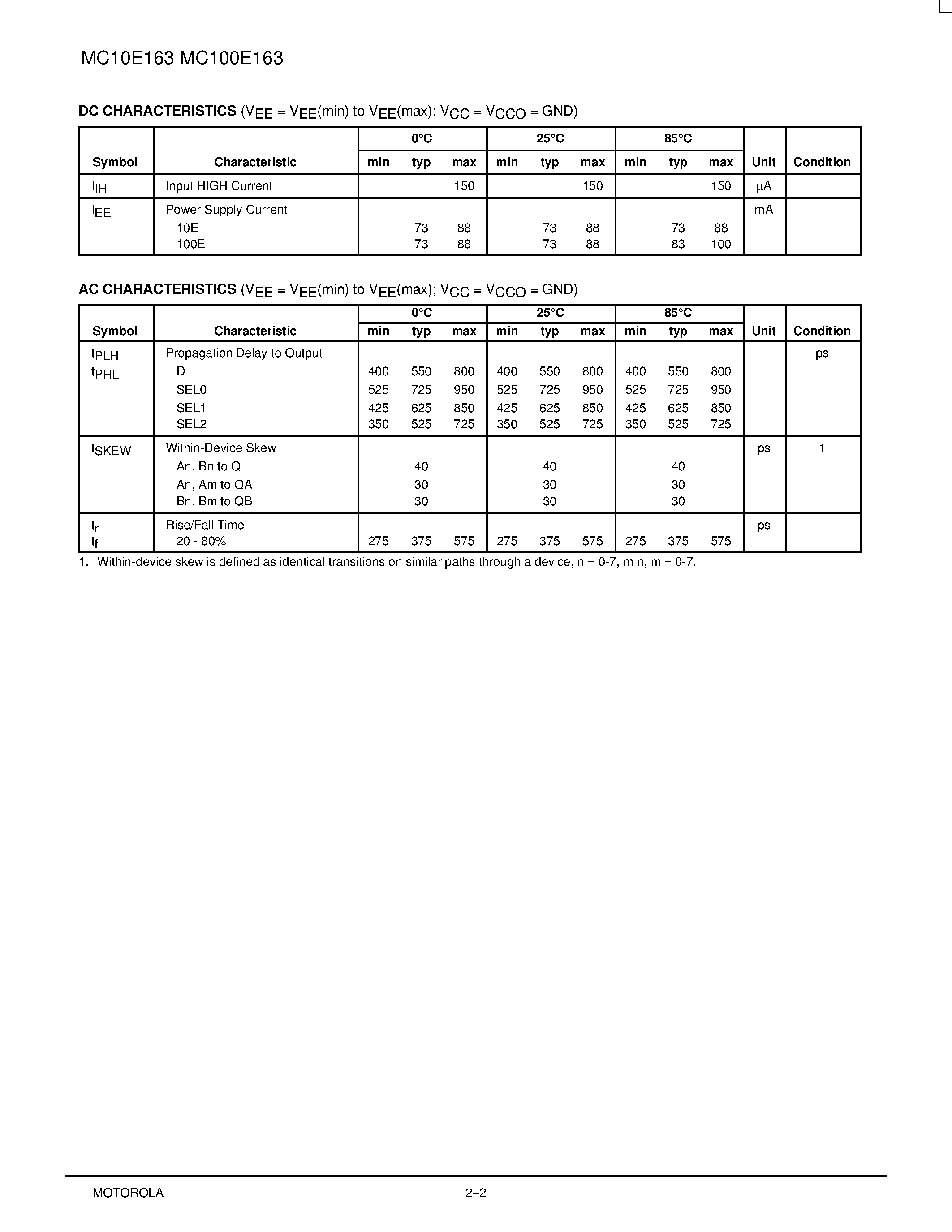 Даташит на микросхему MC100E163 страница 2 Даташит MC100E163 - 2-Bit 8:1 Multiplexer страница 2