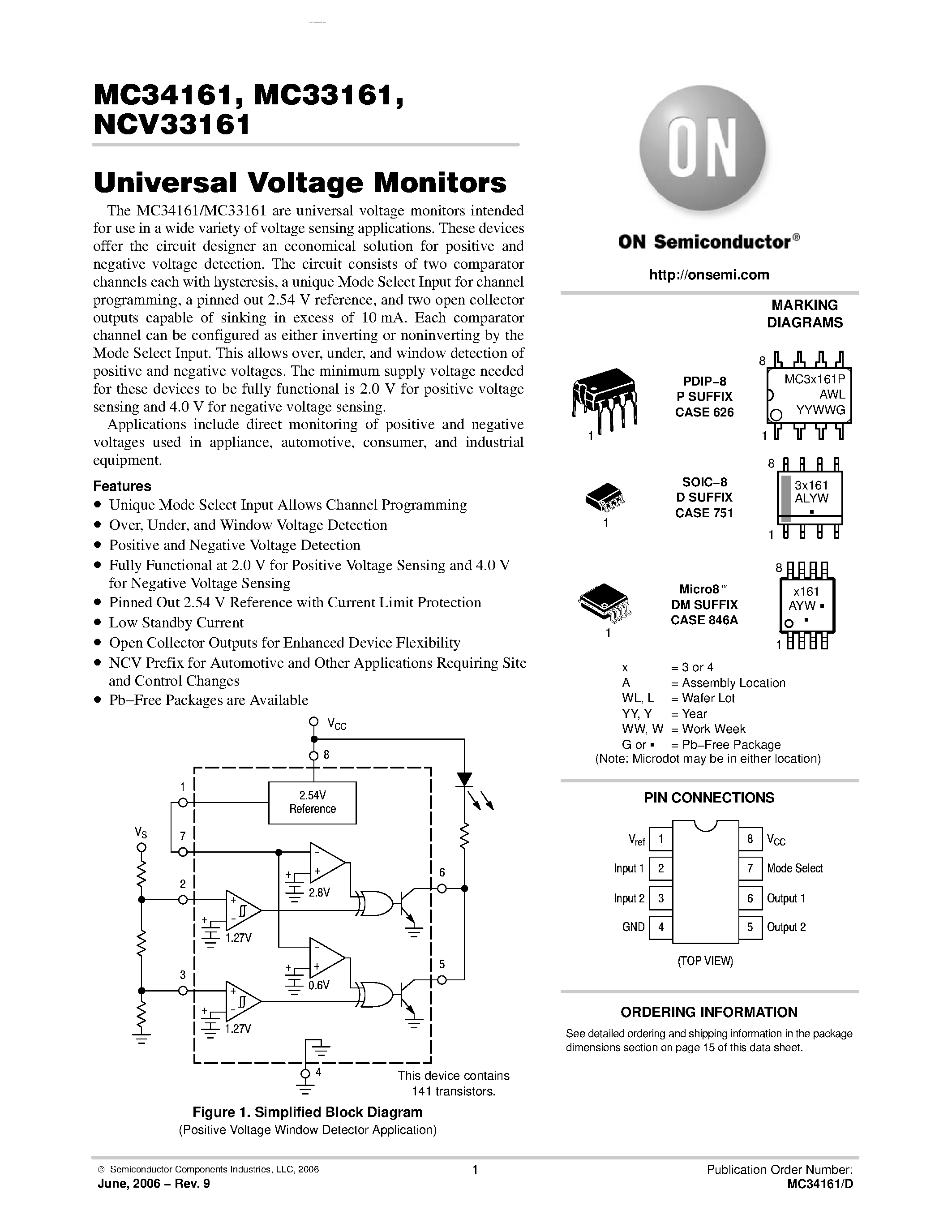 Даташит на микросхему MC33161 страница 1 Даташит MC33161 - (MC33161 / MC34161) Universal Voltage Monitors страница 1