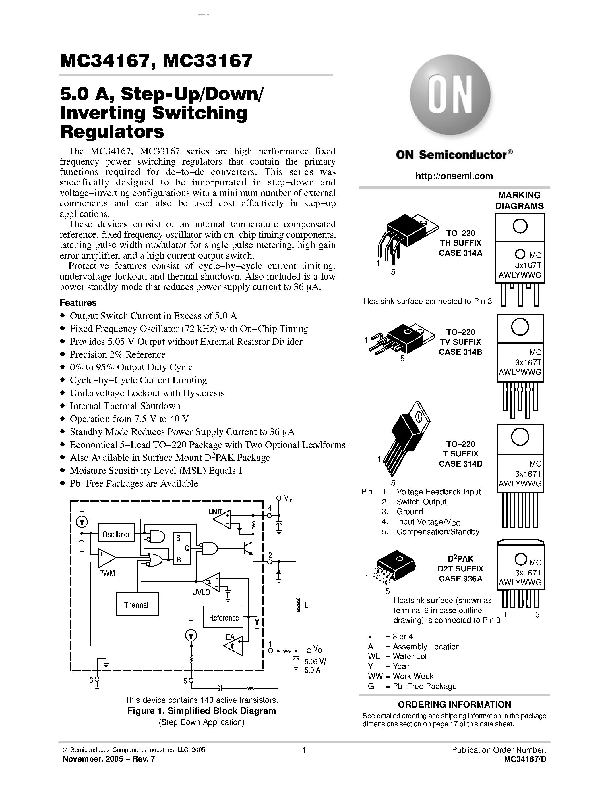 Datasheet MC33167 - (MC33167 / MC34167) Step-Up/Down/Inverting Switching Regulators page 1
