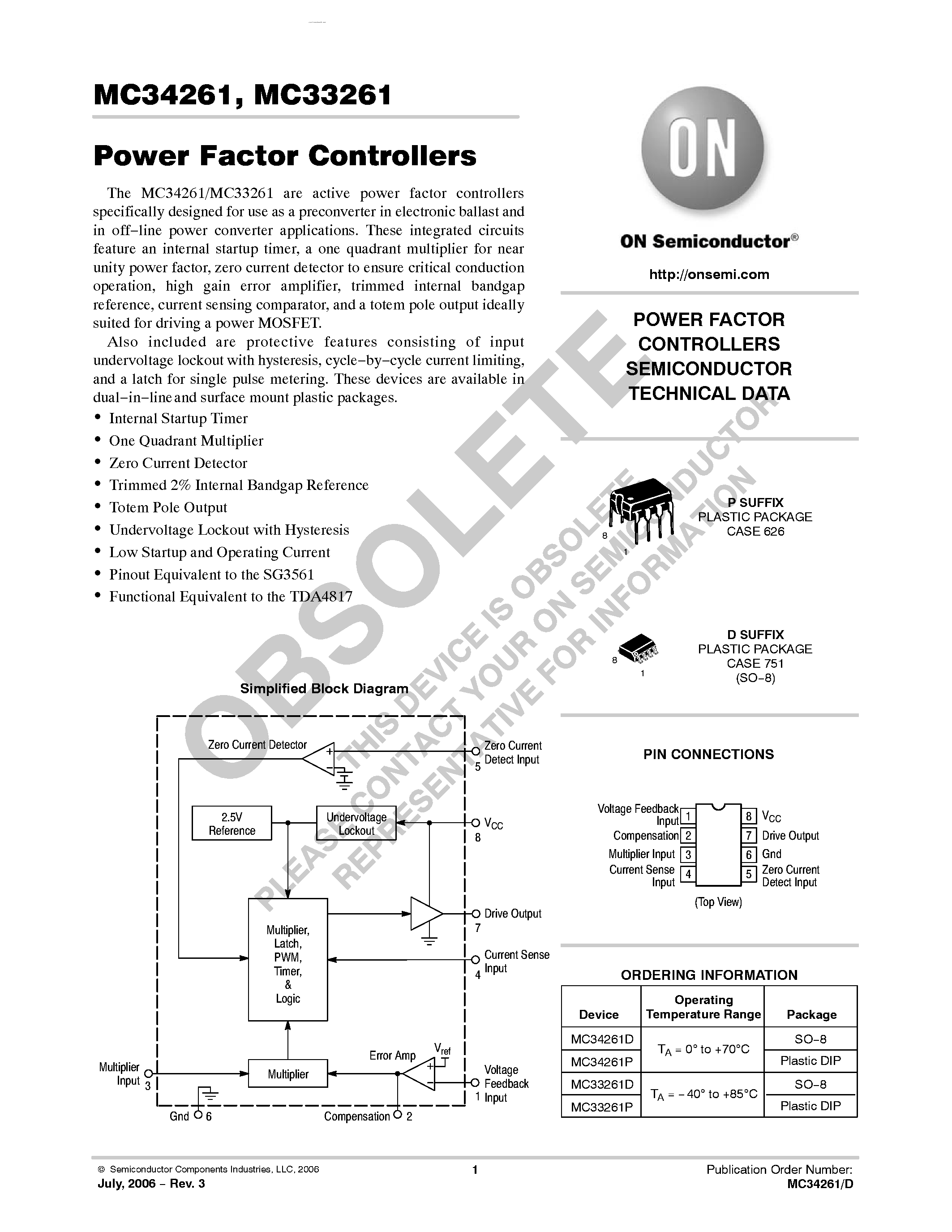 Даташит MC33261 - (MC33261 / MC34261) Power Factor Controllers страница 1