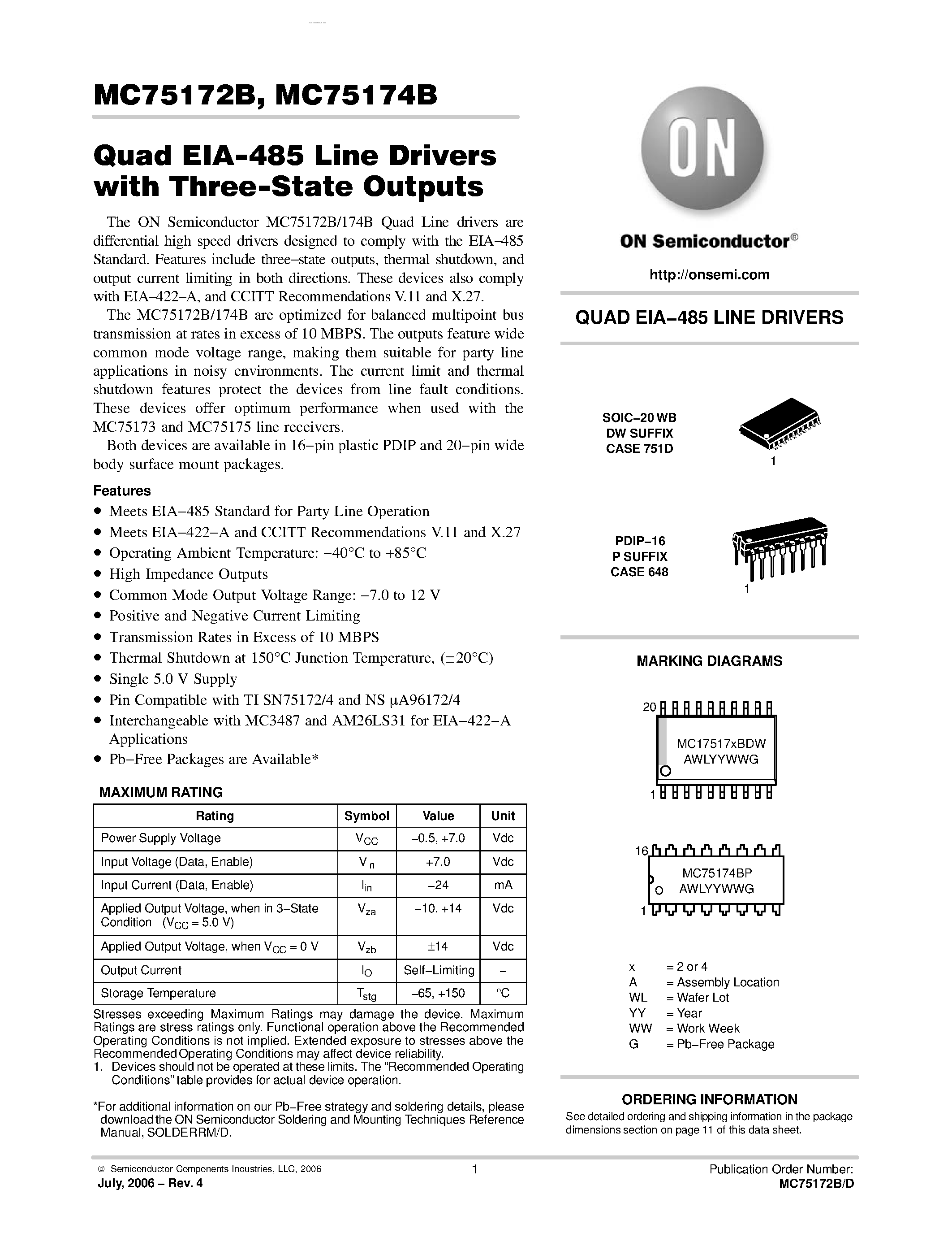 Даташит MC75172B - (MC75172B / MC75174B) Quad EIA-485 Line Drivers страница 1