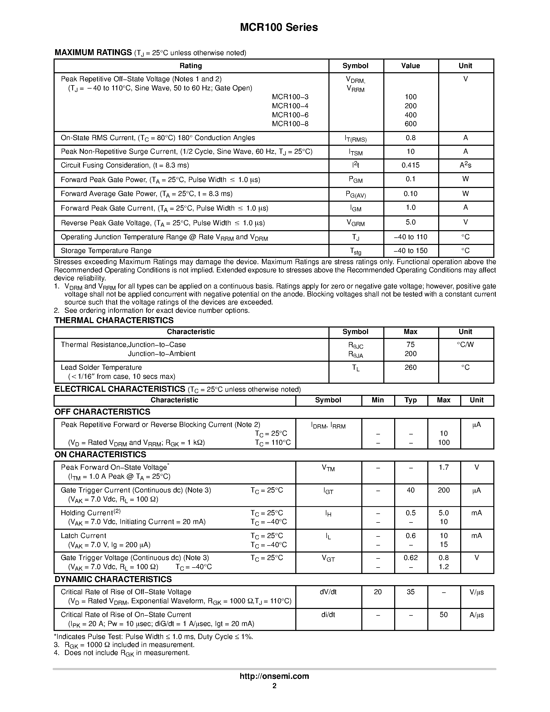 Datasheet MCR100 page 2 Datasheet MCR100 - Sensitive Gate Silicon Controlled Rectifiers Reverse Blocking Thyristors page 2