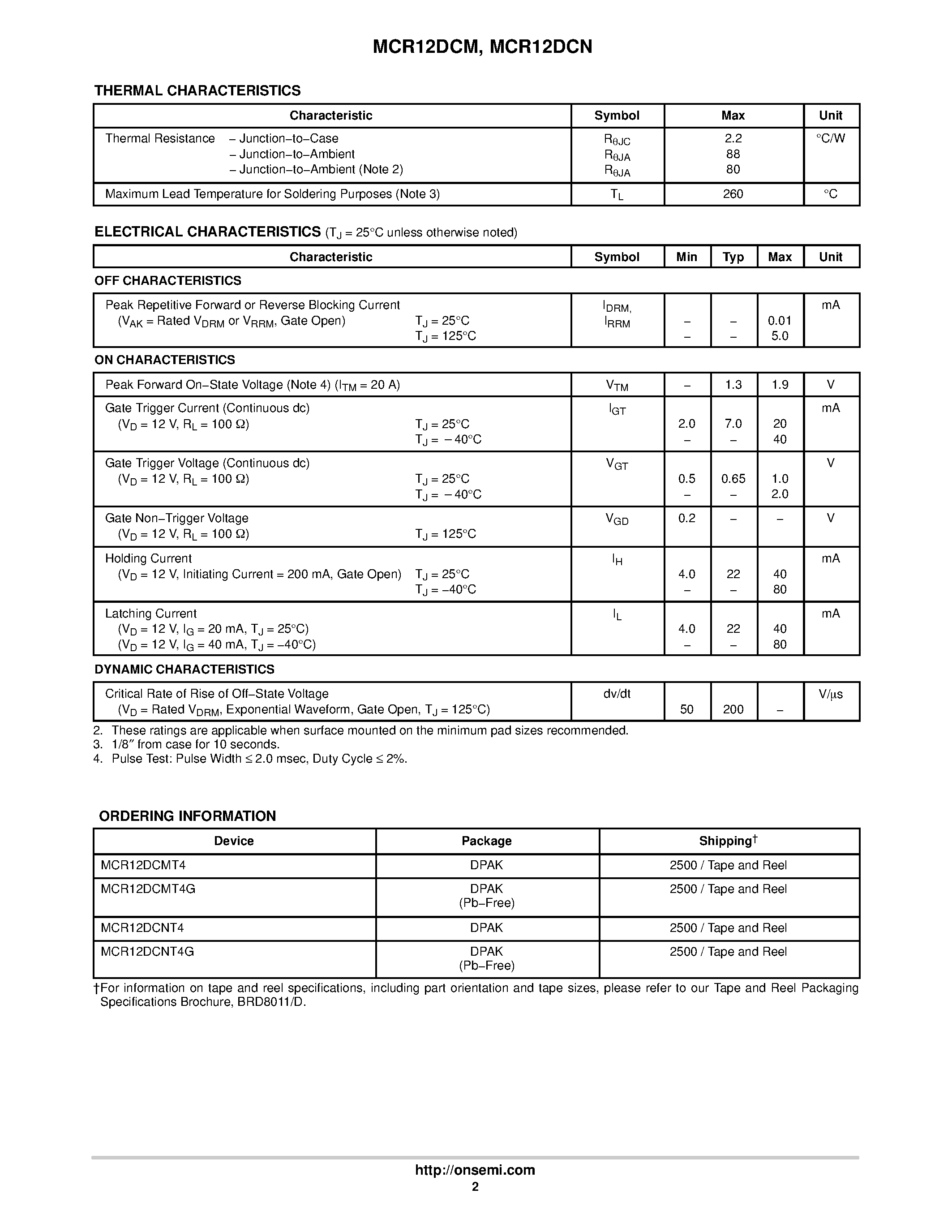 Datasheet MCR12DCN page 2 Datasheet MCR12DCN - Silicon Controlled Rectifiers Reverse Blocking Thyristors page 2