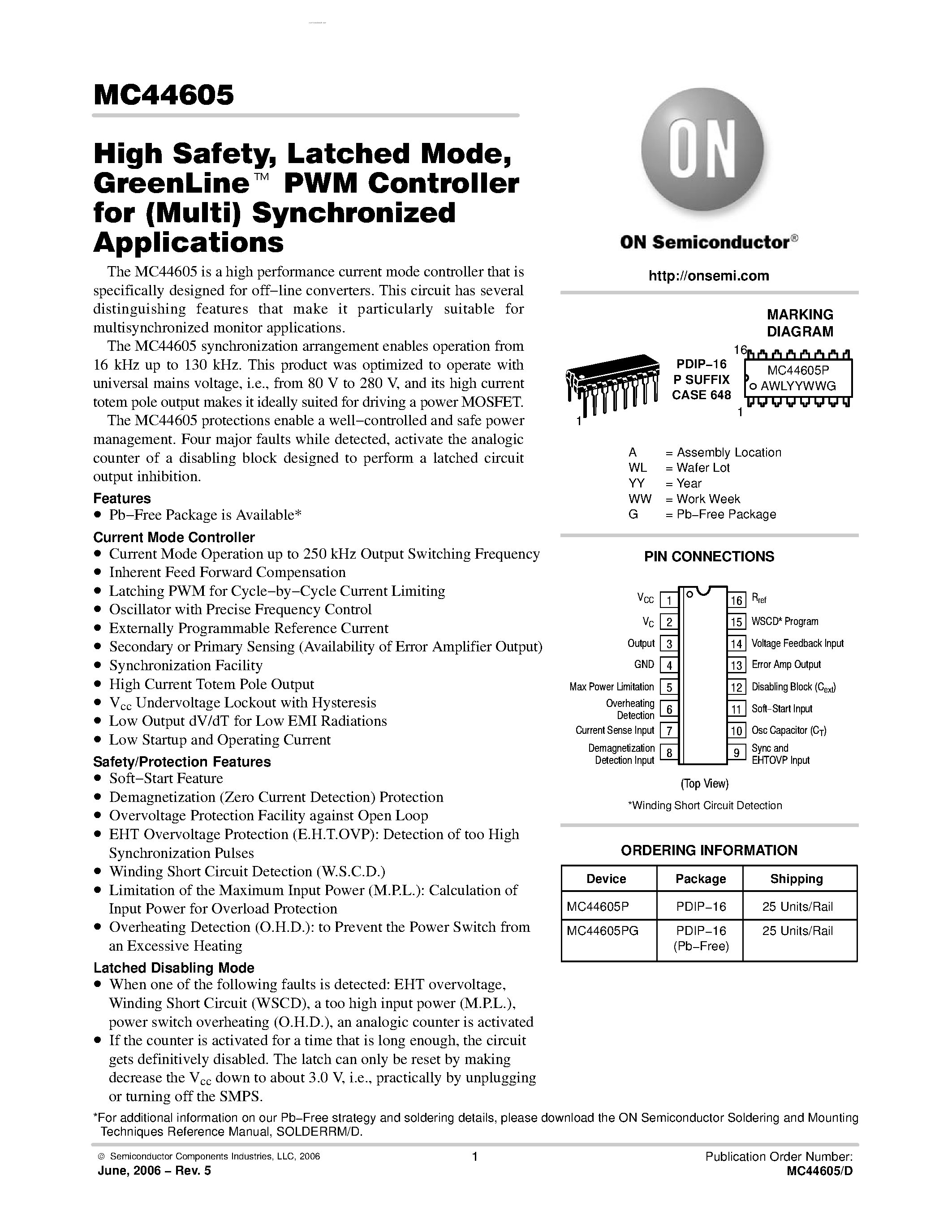 Datasheet MC44605 page 1 Datasheet MC44605 - Latched Mode / GreenLine TM PWM Controller page 1