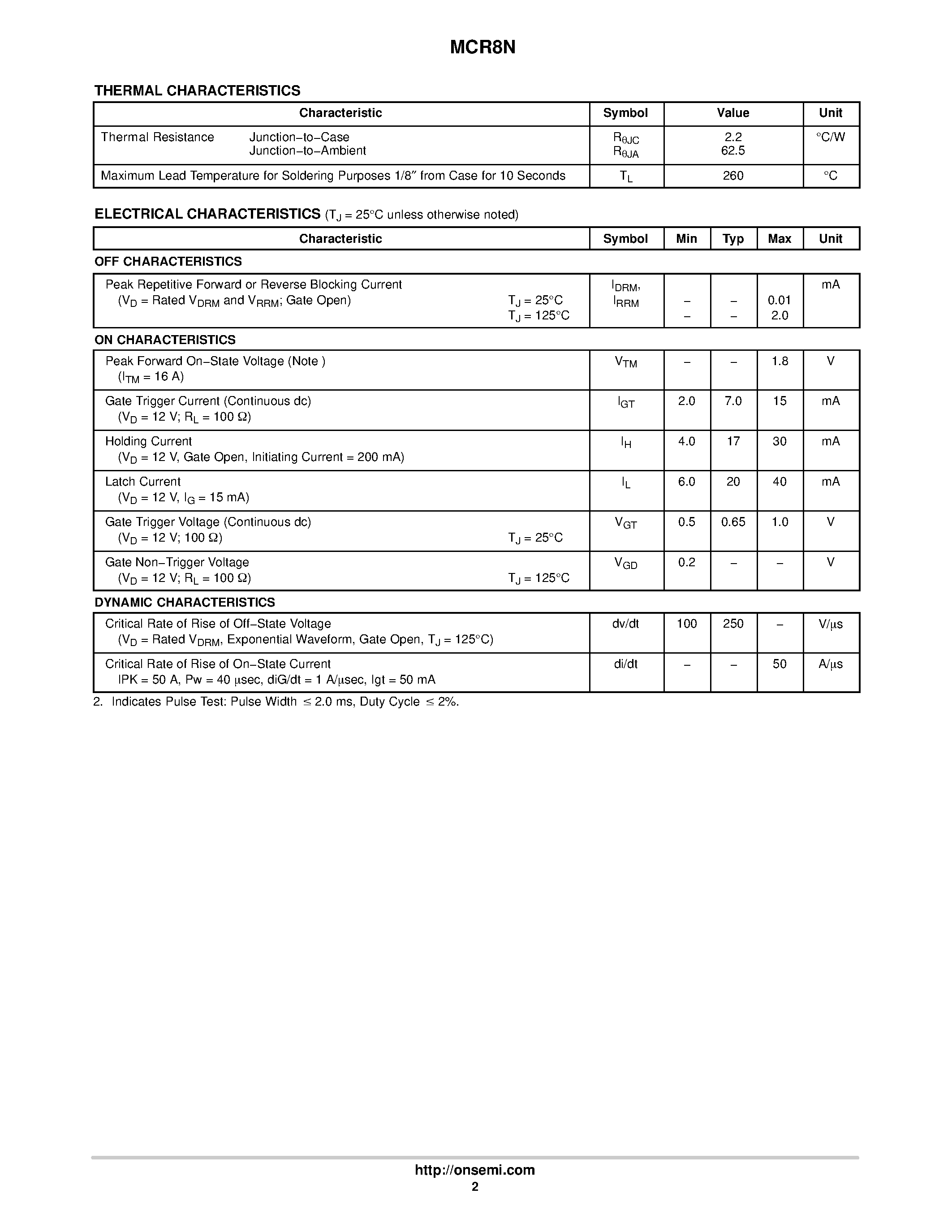 Datasheet MCR8N page 2 Datasheet MCR8N - Silicon Controlled Rectifiers Reverse Blocking Thyristors page 2