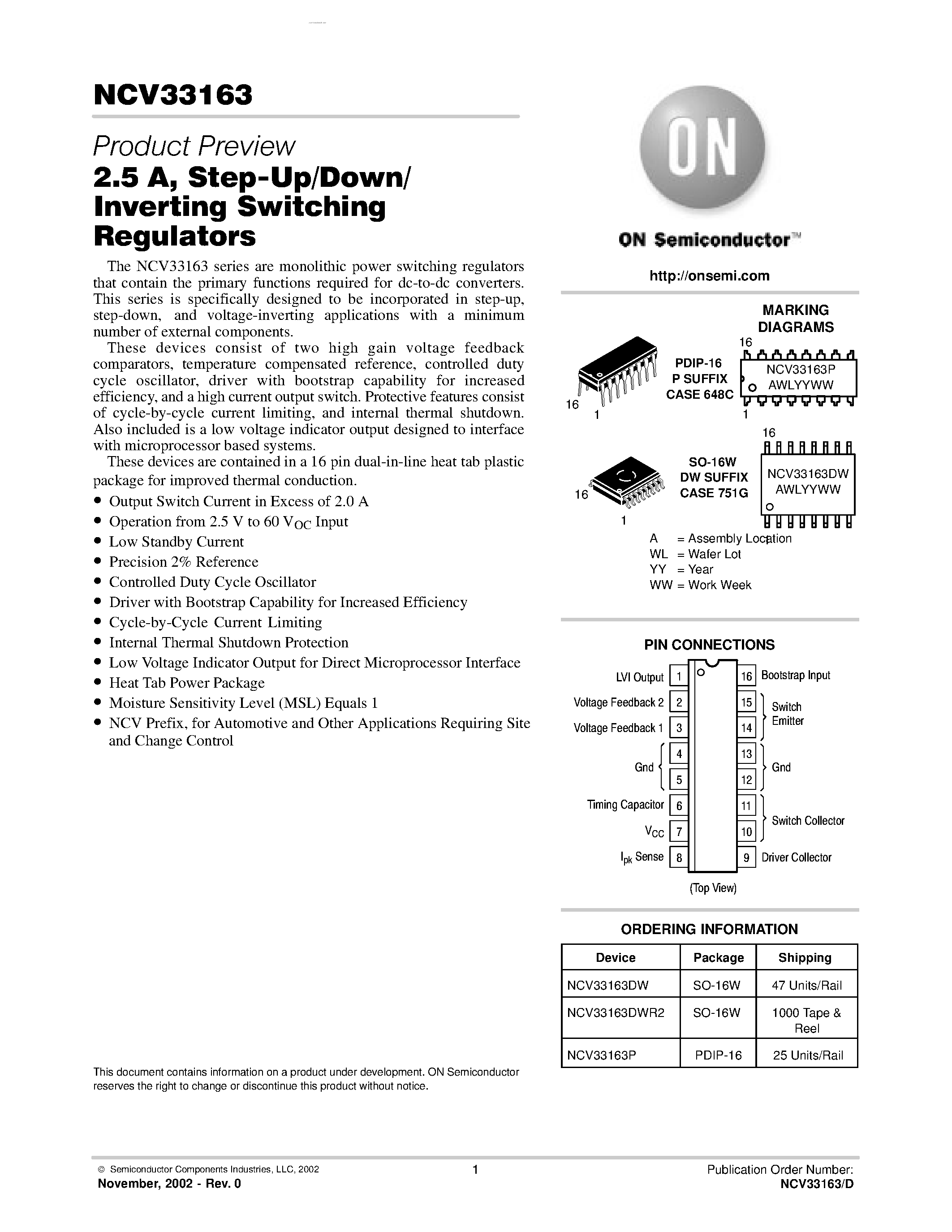 Datasheet NCV33163 page 1 Datasheet NCV33163 - Step-Up/Down/ Inverting Switching Regulators page 1