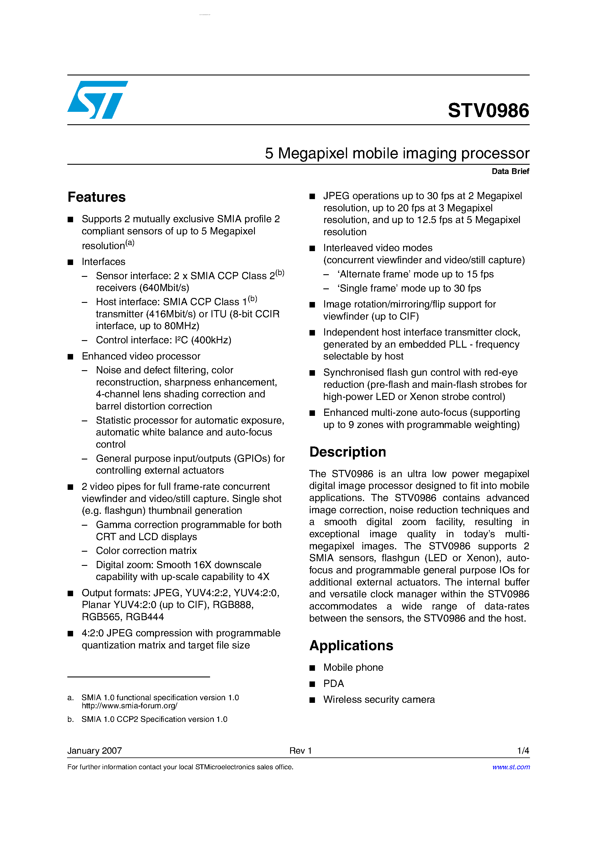 Datasheet STV0986 - 5 Megapixel mobile imaging processor page 1