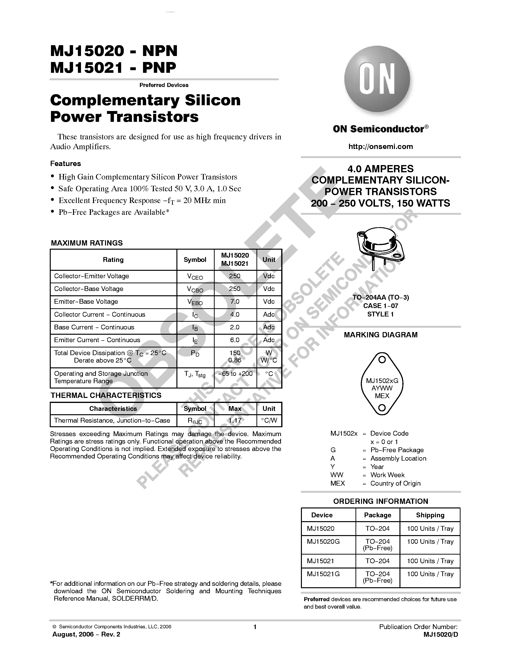 Даташит на микросхему MJ15020 страница 1 Даташит MJ15020 - (MJ15020 / MJ15021) Complementary Silicon Power Transistors страница 1