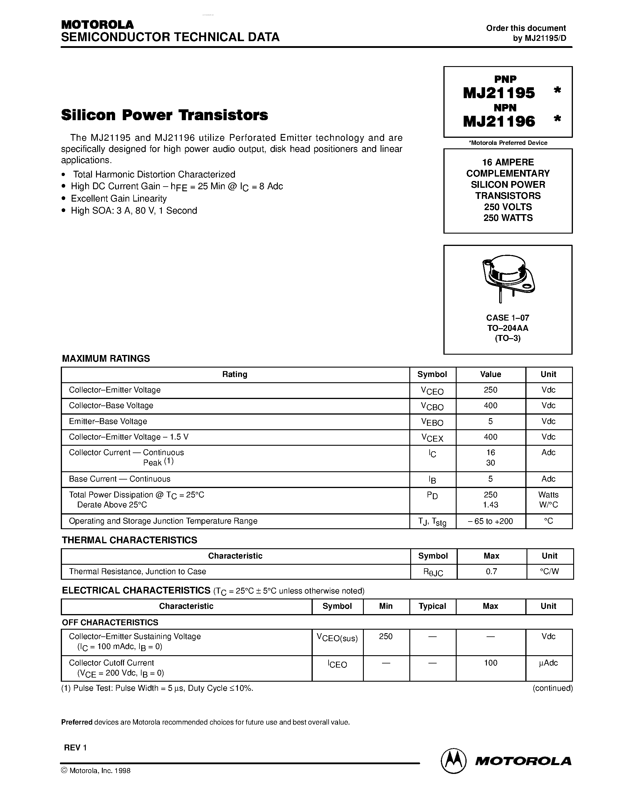 Даташит MJ21195 - (MJ21195 / MJ21196) Silicon Power Transistors страница 1