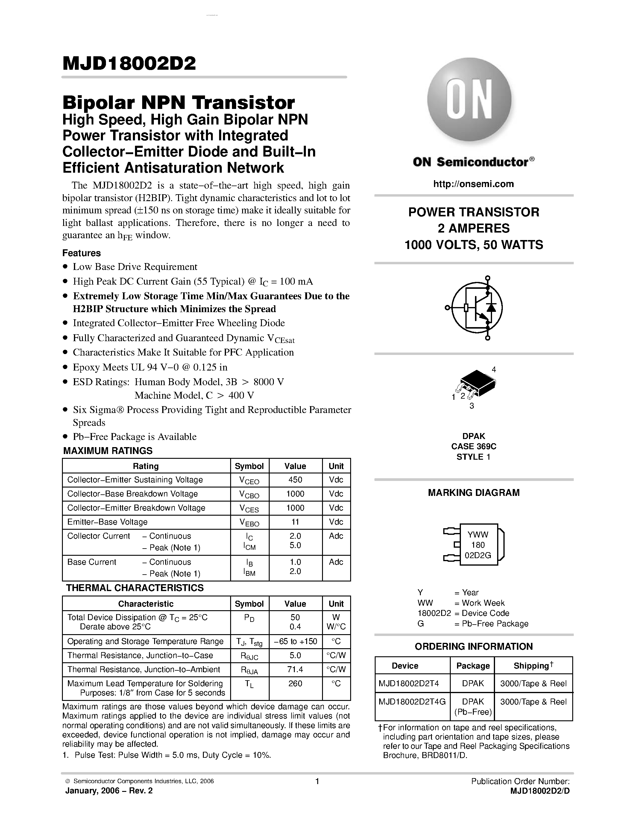 Datasheet MJD18002D2 - POWER TRANSISTOR 2 AMPERES page 1